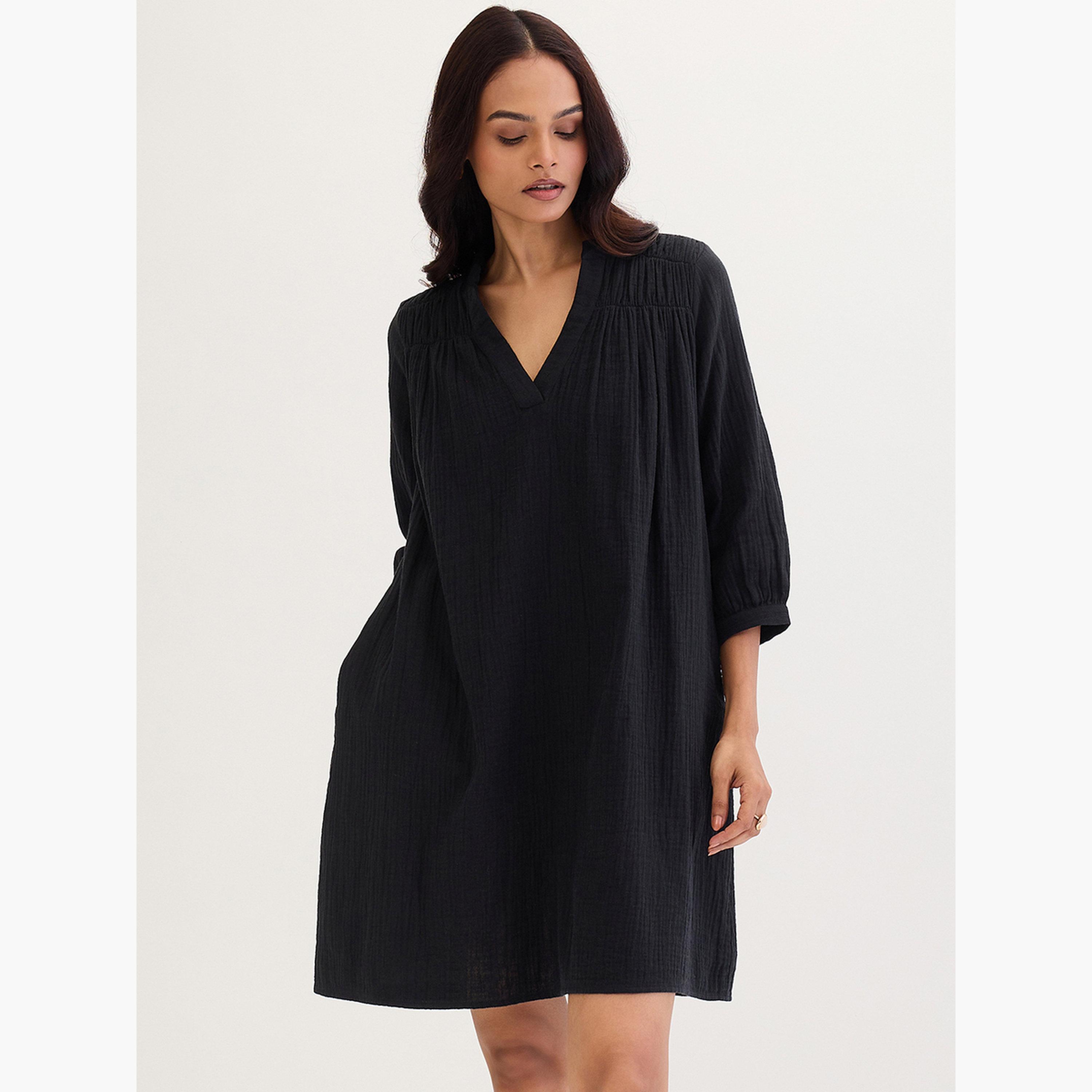 Femmella Black Textured Cotton Mini Dress-women-clothing-dresses-image-1