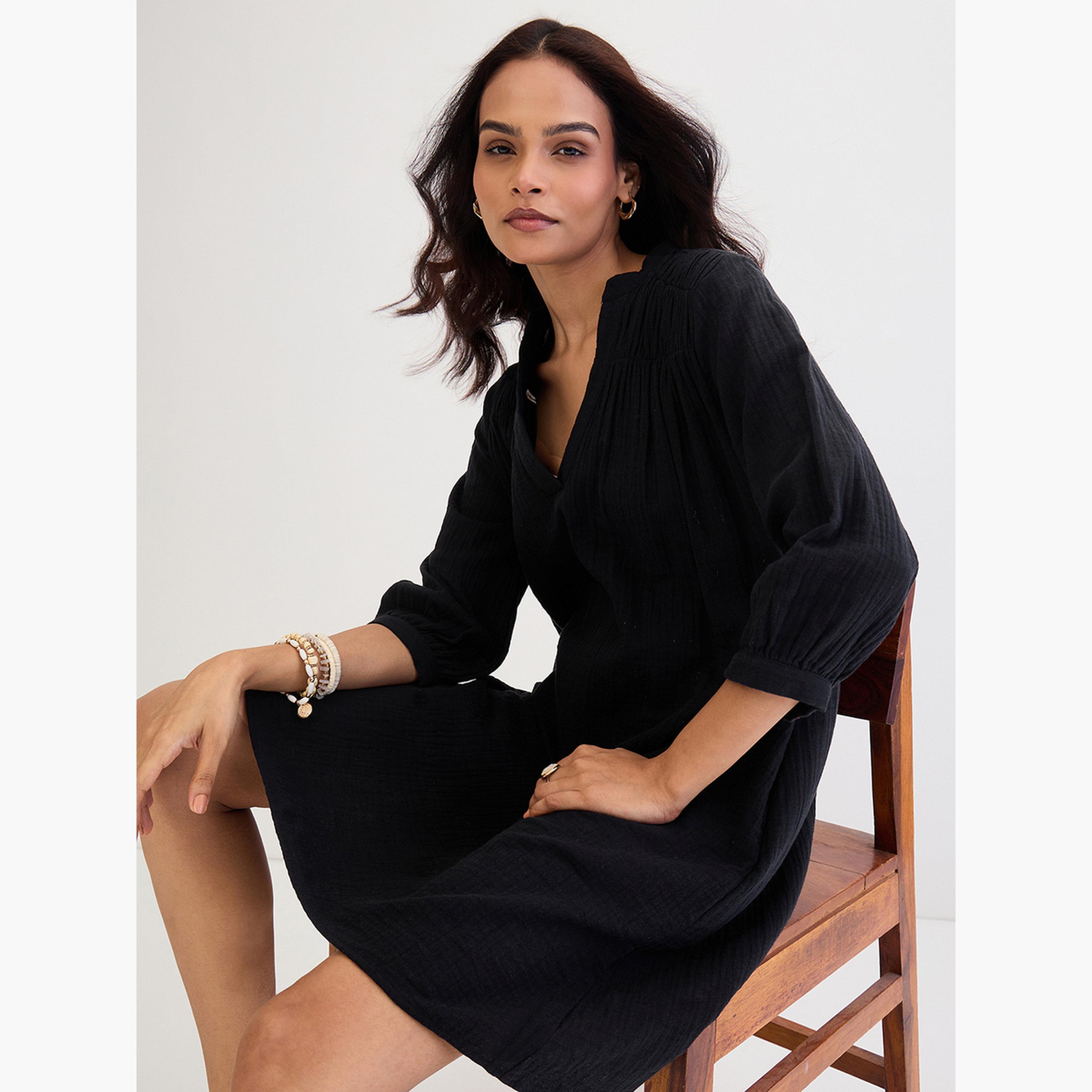 فيميلا - فستان قصير من القطن لون أسود-women-clothing-dresses-image-3