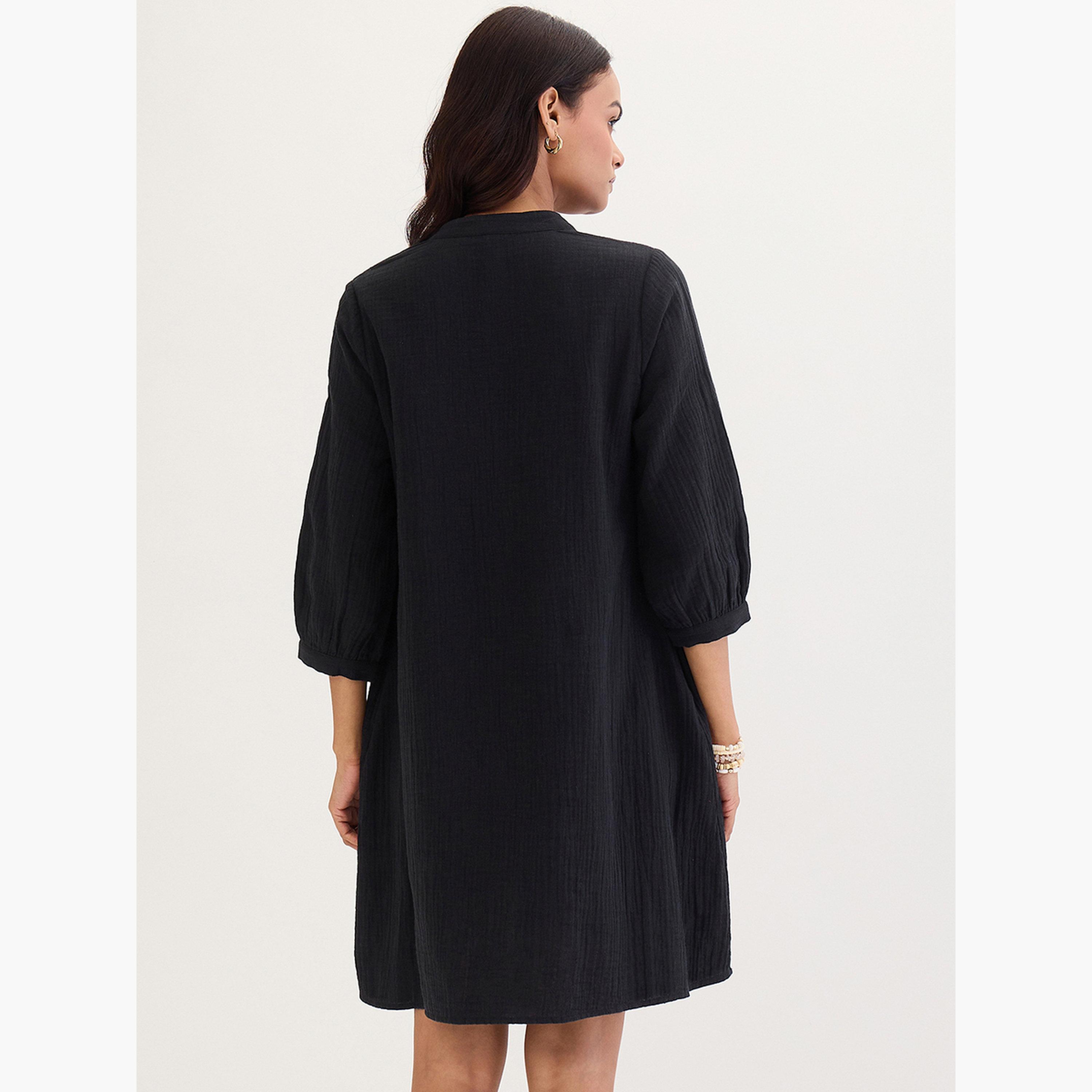 Femmella Black Textured Cotton Mini Dress-women-clothing-dresses-image-4