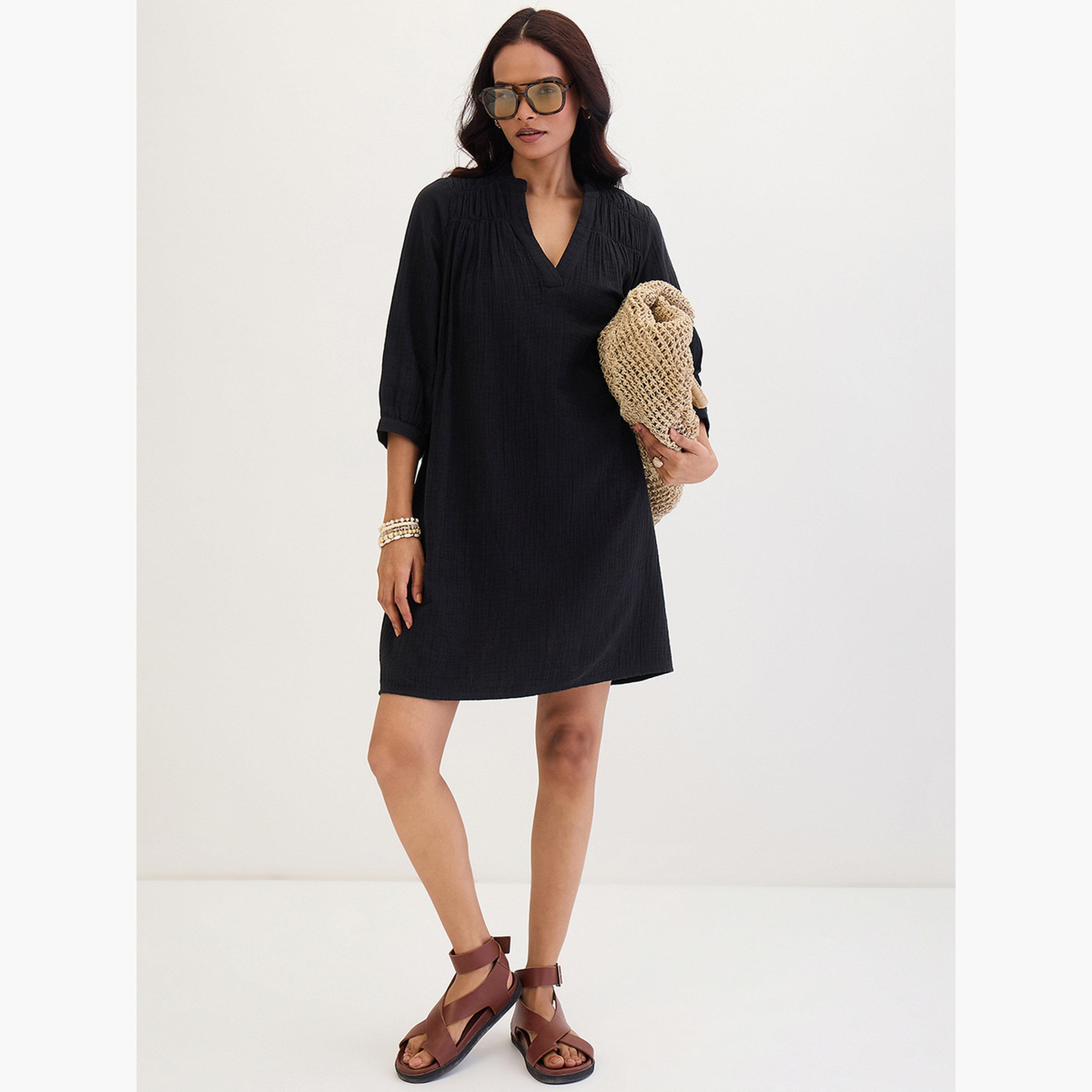 Femmella Black Textured Cotton Mini Dress-women-clothing-dresses-image-5