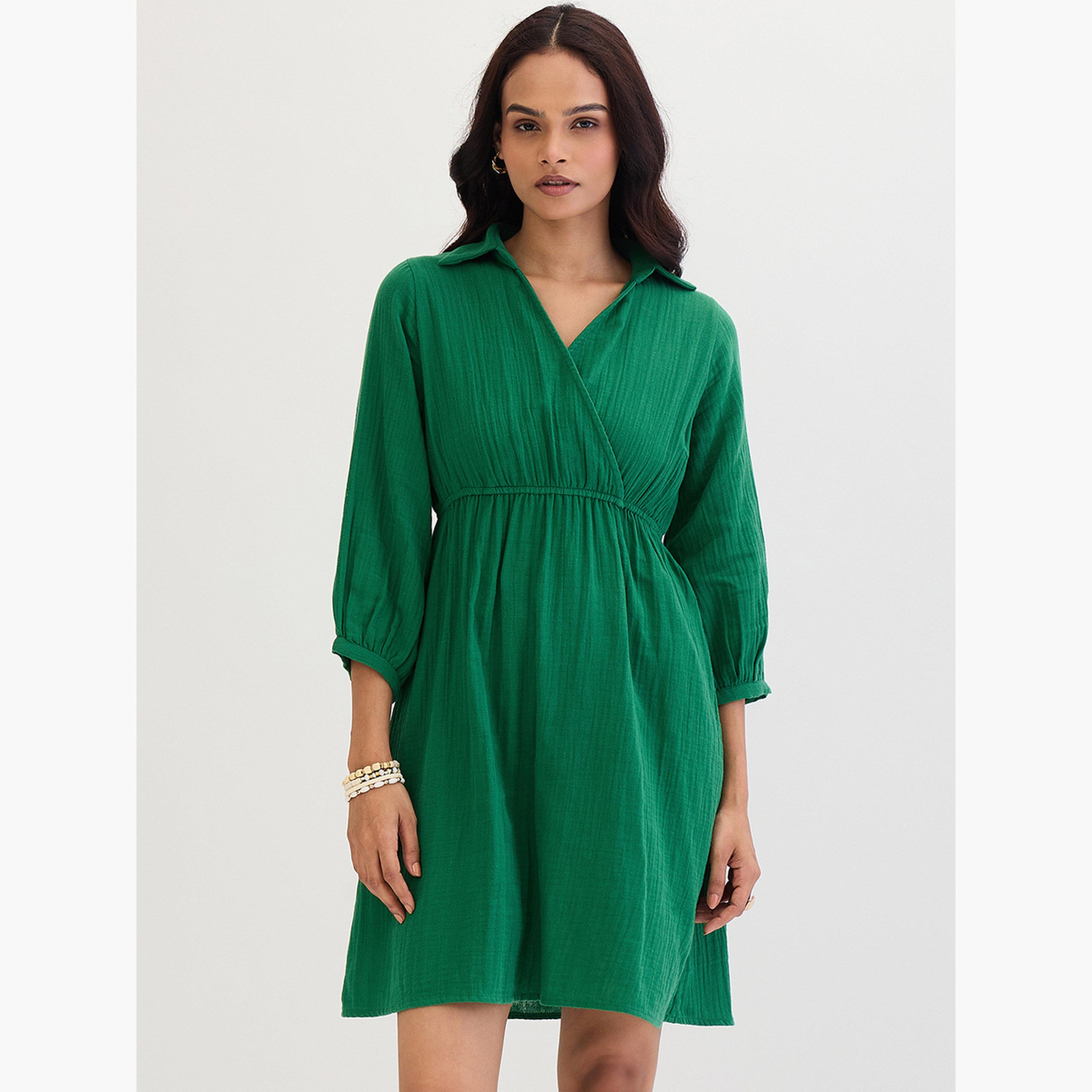 Femmella Green Open Collar Wrap Front Mini Dress-women-clothing-dresses-image-1