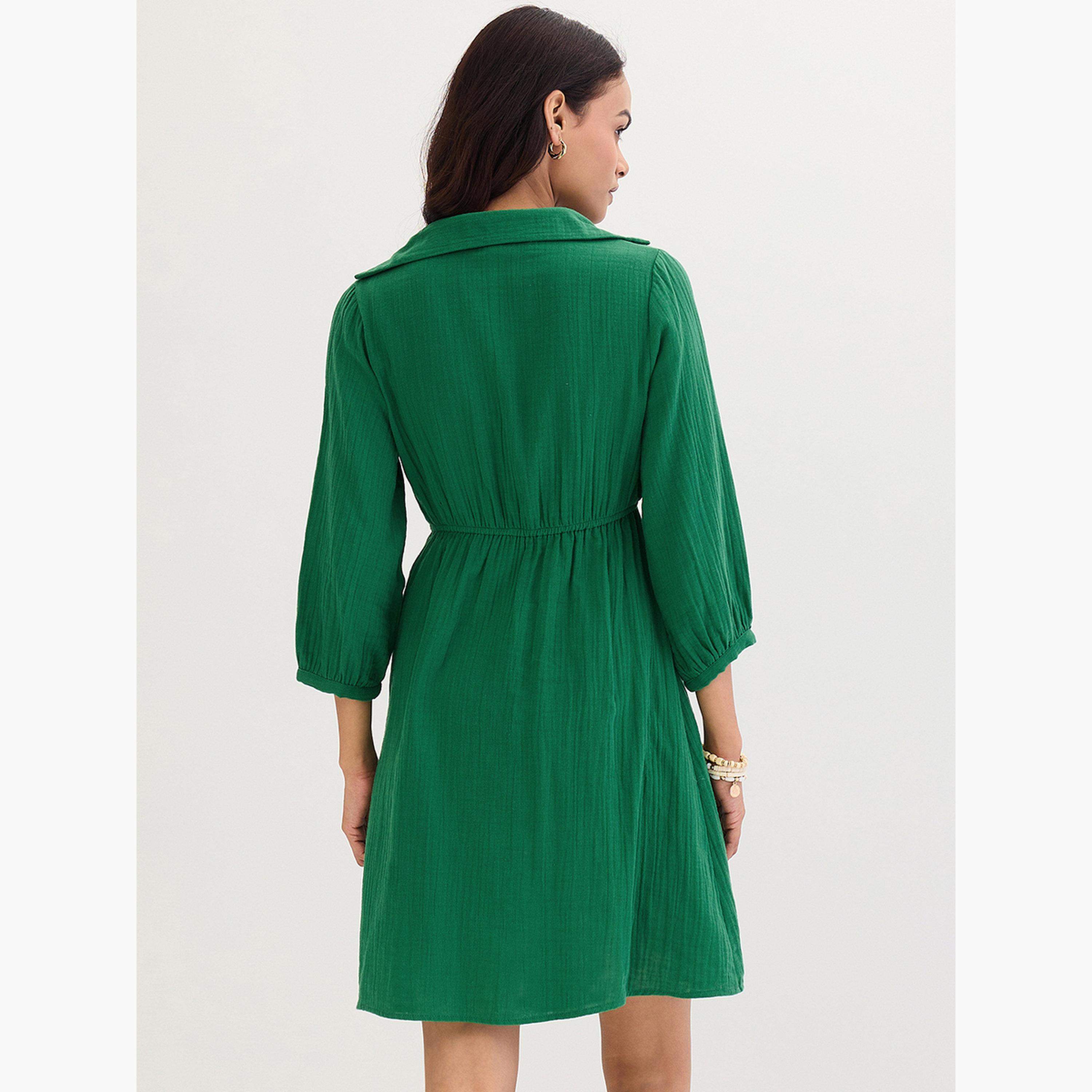 Femmella Green Open Collar Wrap Front Mini Dress-women-clothing-dresses-image-2