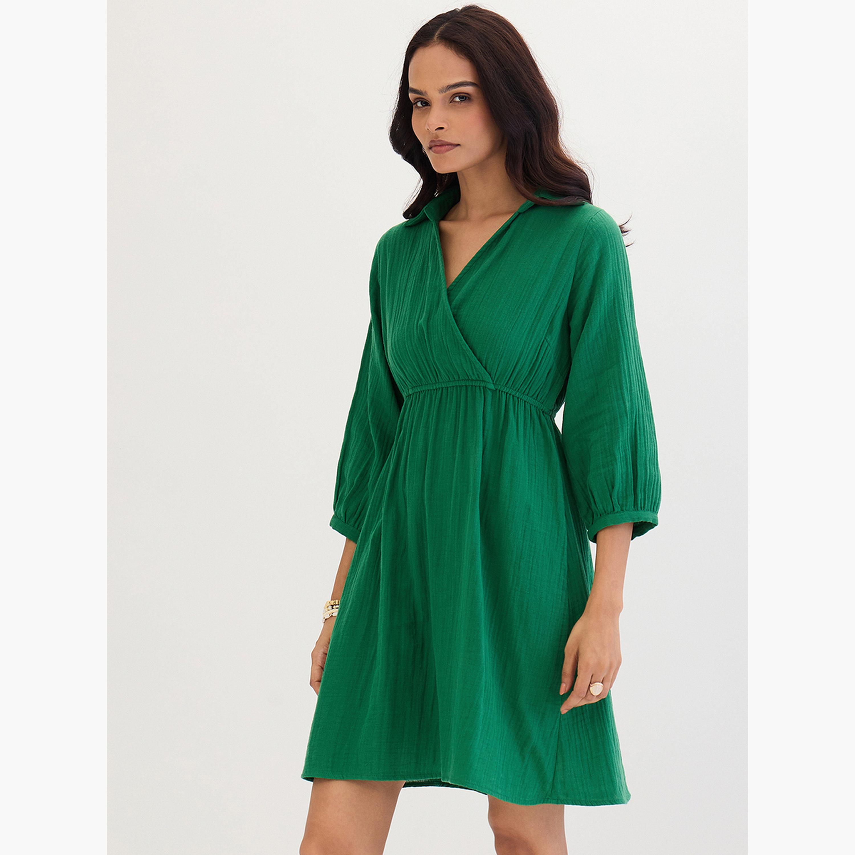 Femmella Green Open Collar Wrap Front Mini Dress-women-clothing-dresses-image-3