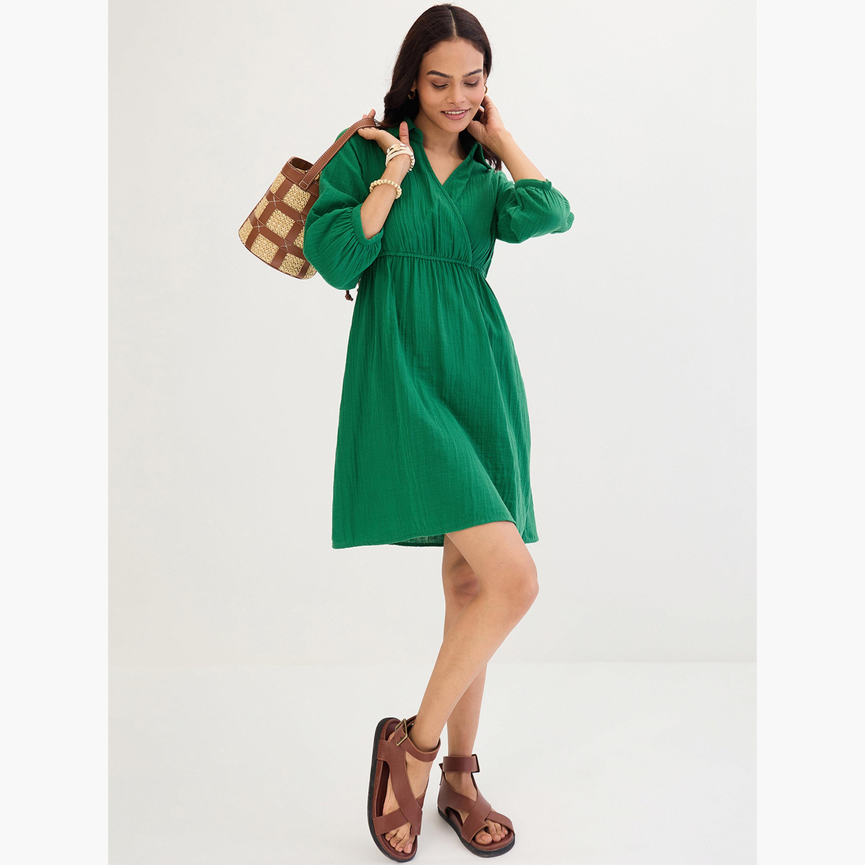 فيميلا - فستان أخضر قصير بياقة مفتوحة وملفوف من الأمام-women-clothing-dresses-image-4