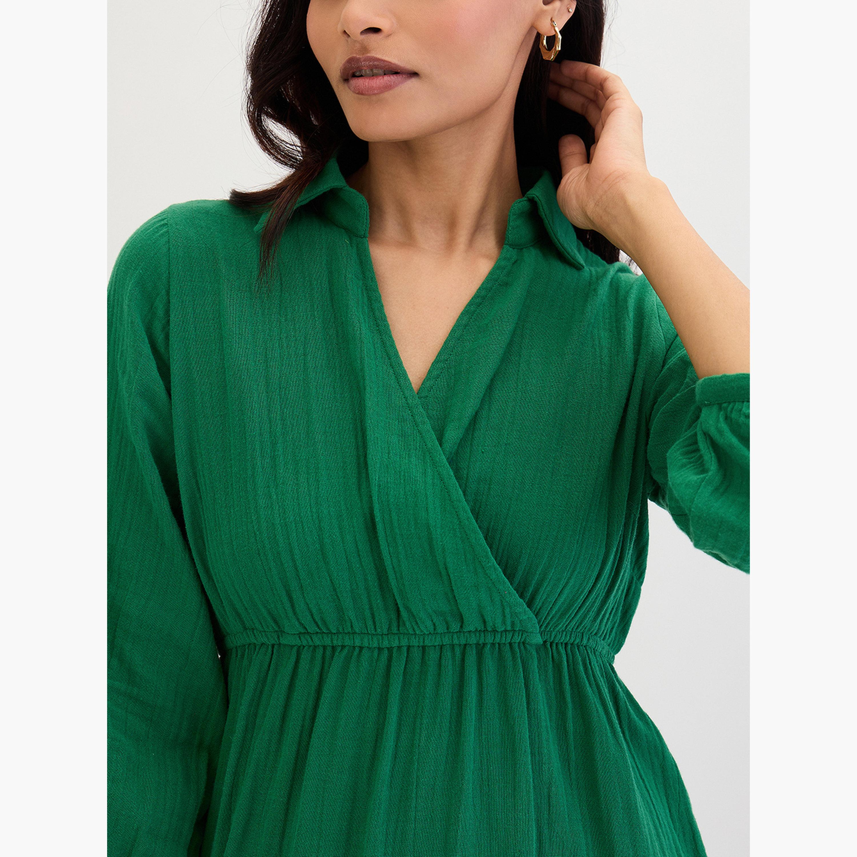 Femmella Green Open Collar Wrap Front Mini Dress-women-clothing-dresses-image-6