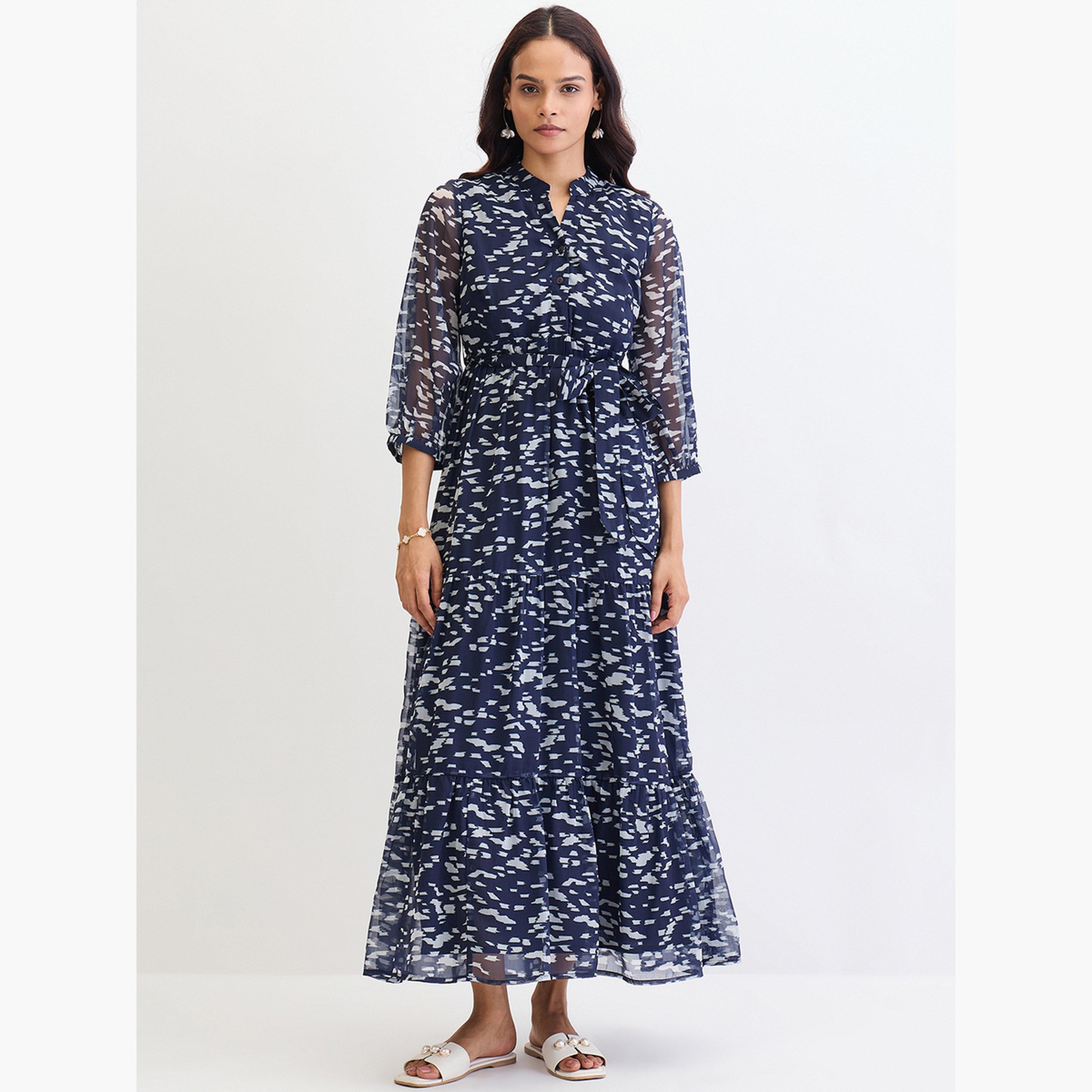 فيميلا - فستان ماكسي متعدد الطبقات مطبوع بالكامل لون أزرق بحري-women-clothing-dresses-image-1