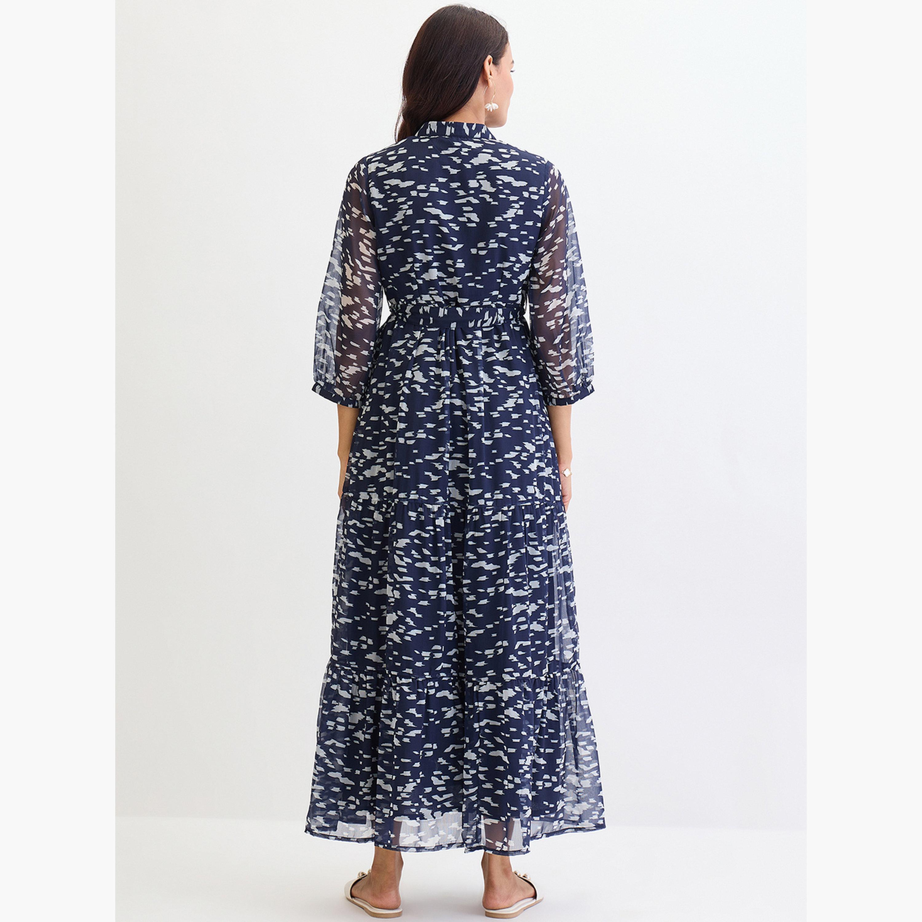 فيميلا - فستان ماكسي متعدد الطبقات مطبوع بالكامل لون أزرق بحري-women-clothing-dresses-image-2