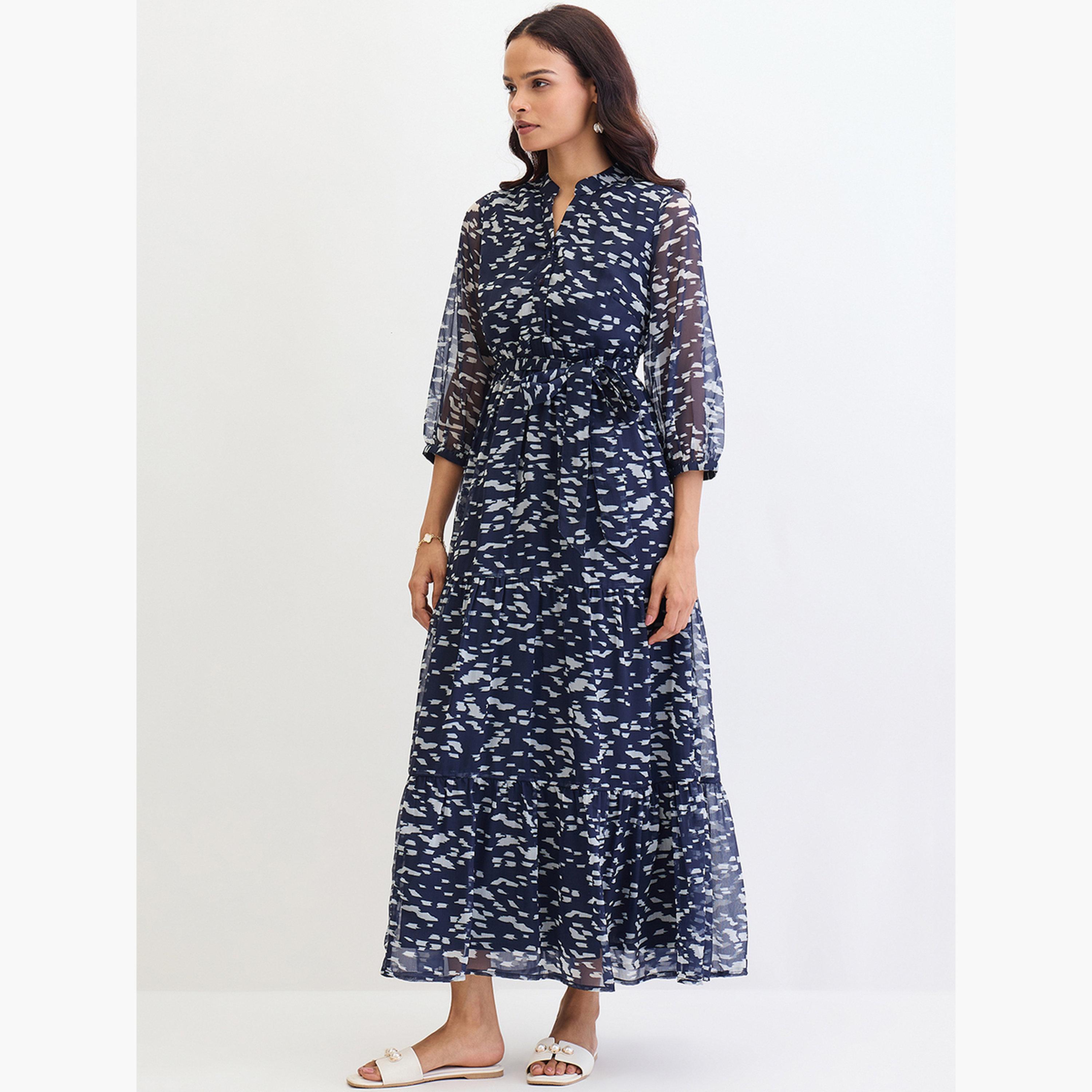 فيميلا - فستان ماكسي متعدد الطبقات مطبوع بالكامل لون أزرق بحري-women-clothing-dresses-image-3
