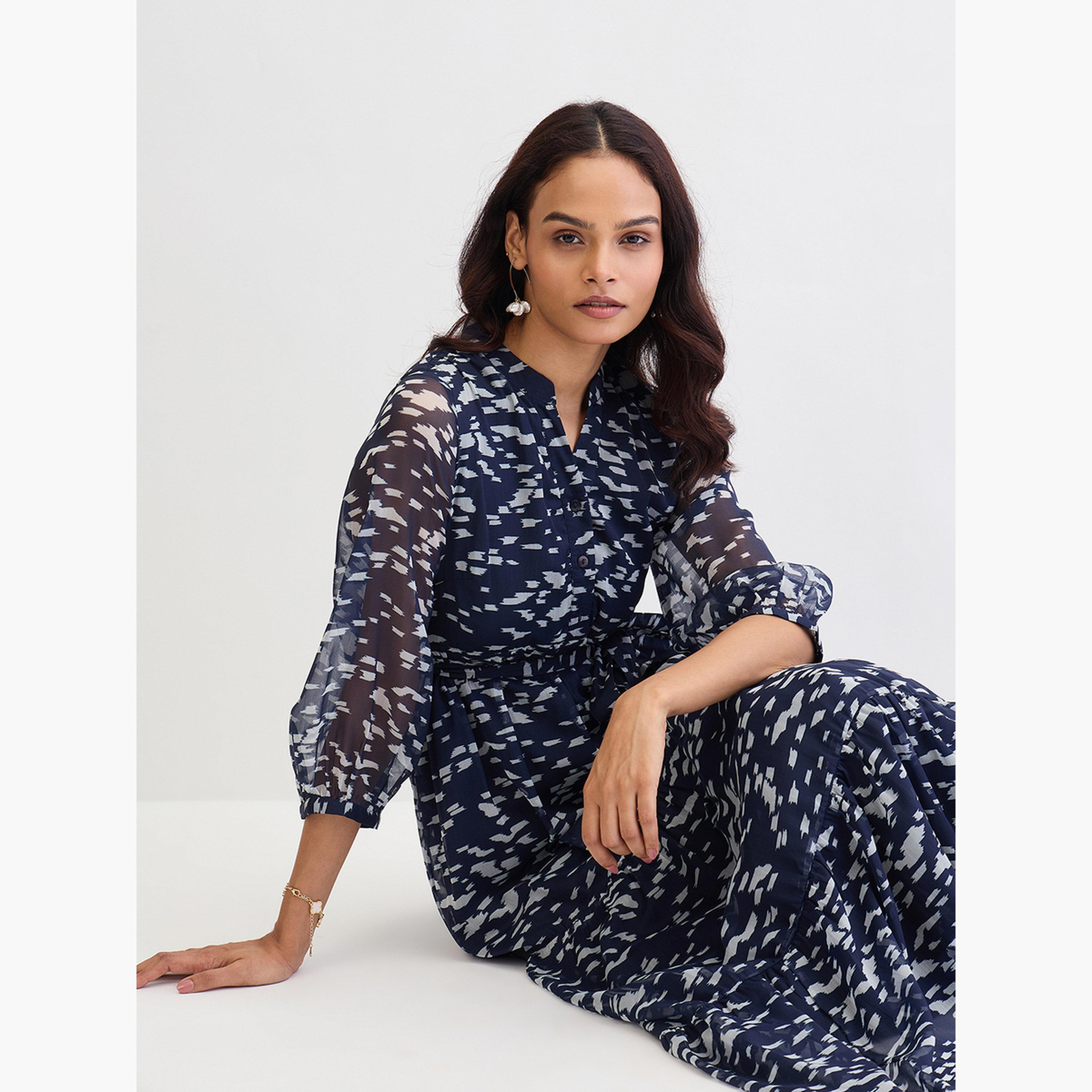 فيميلا - فستان ماكسي متعدد الطبقات مطبوع بالكامل لون أزرق بحري-women-clothing-dresses-image-4