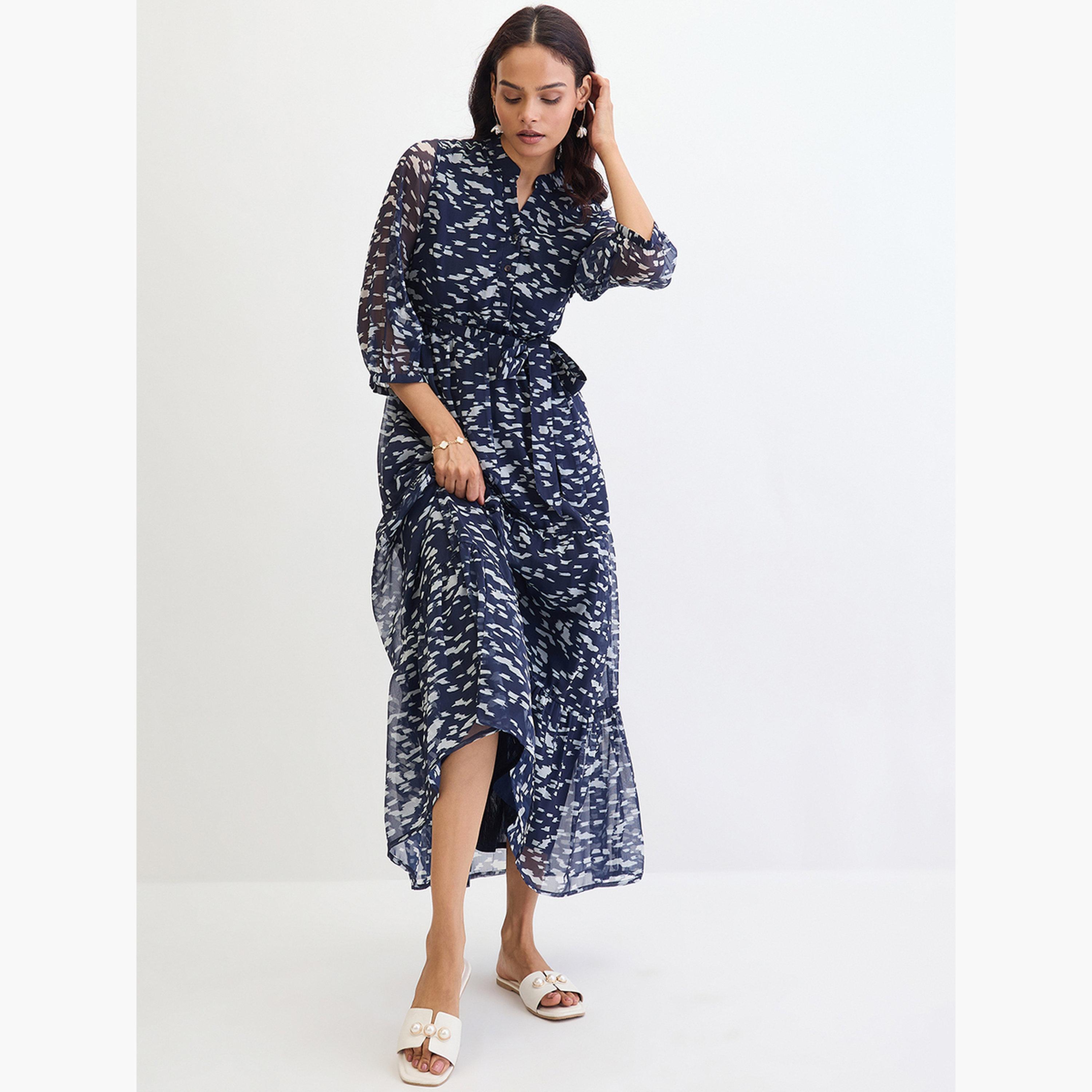 فيميلا - فستان ماكسي متعدد الطبقات مطبوع بالكامل لون أزرق بحري-women-clothing-dresses-image-5
