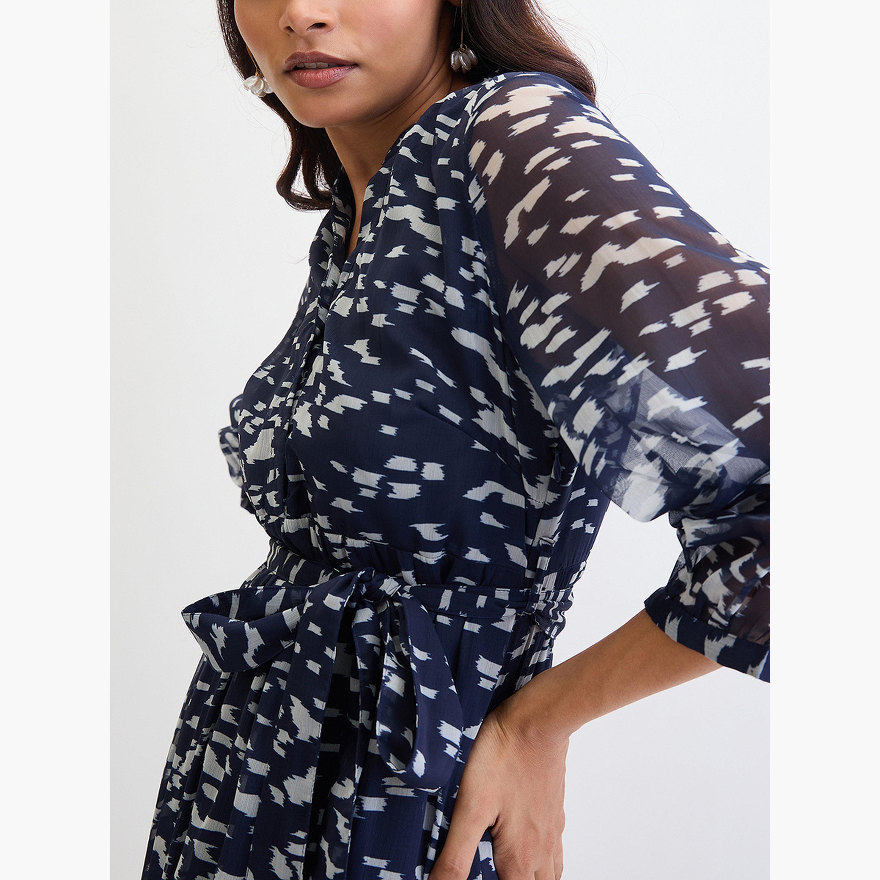 فيميلا - فستان ماكسي متعدد الطبقات مطبوع بالكامل لون أزرق بحري-women-clothing-dresses-image-6