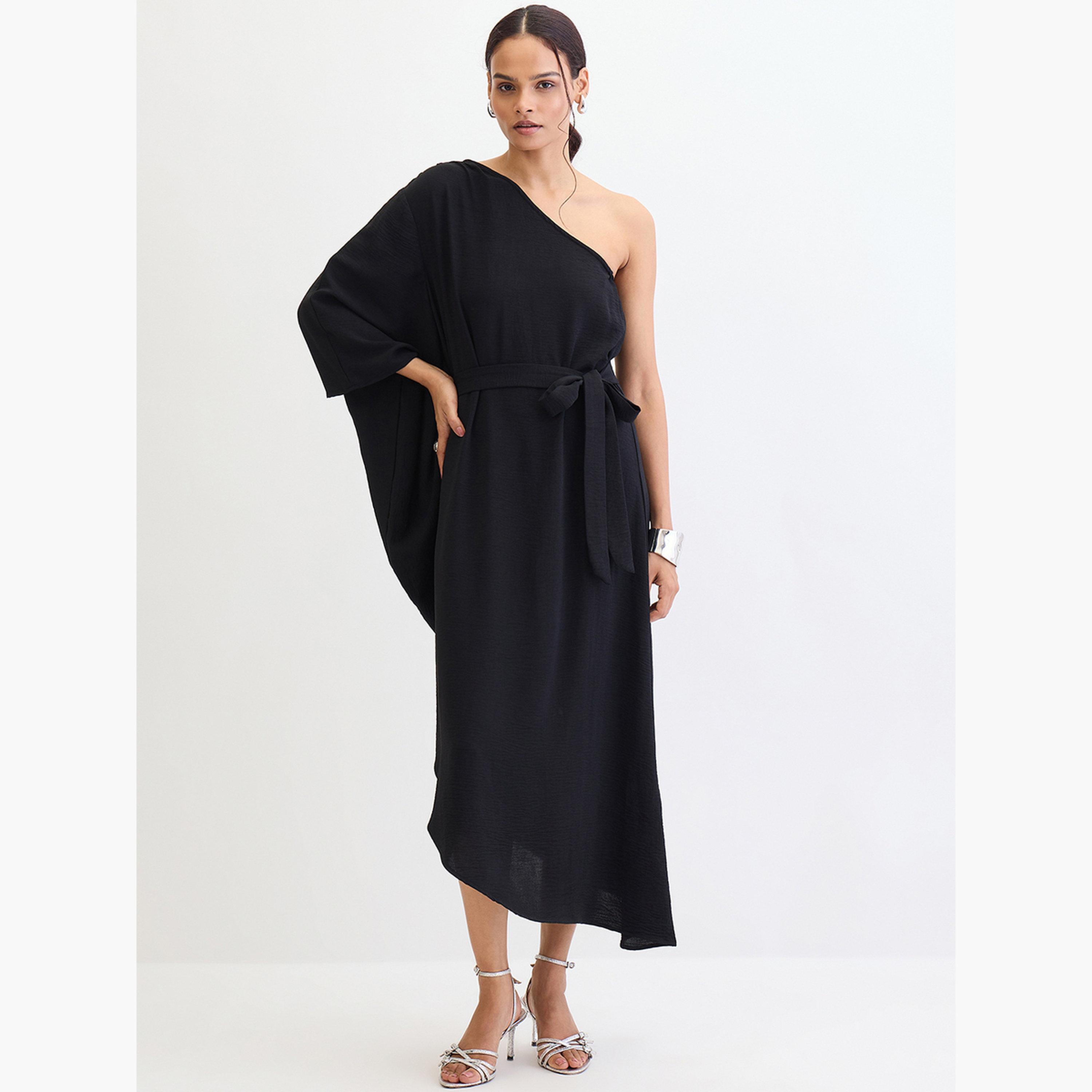 Femmella Black One Shoulder Asymmetric Midi Dress-women-clothing-dresses-image-1