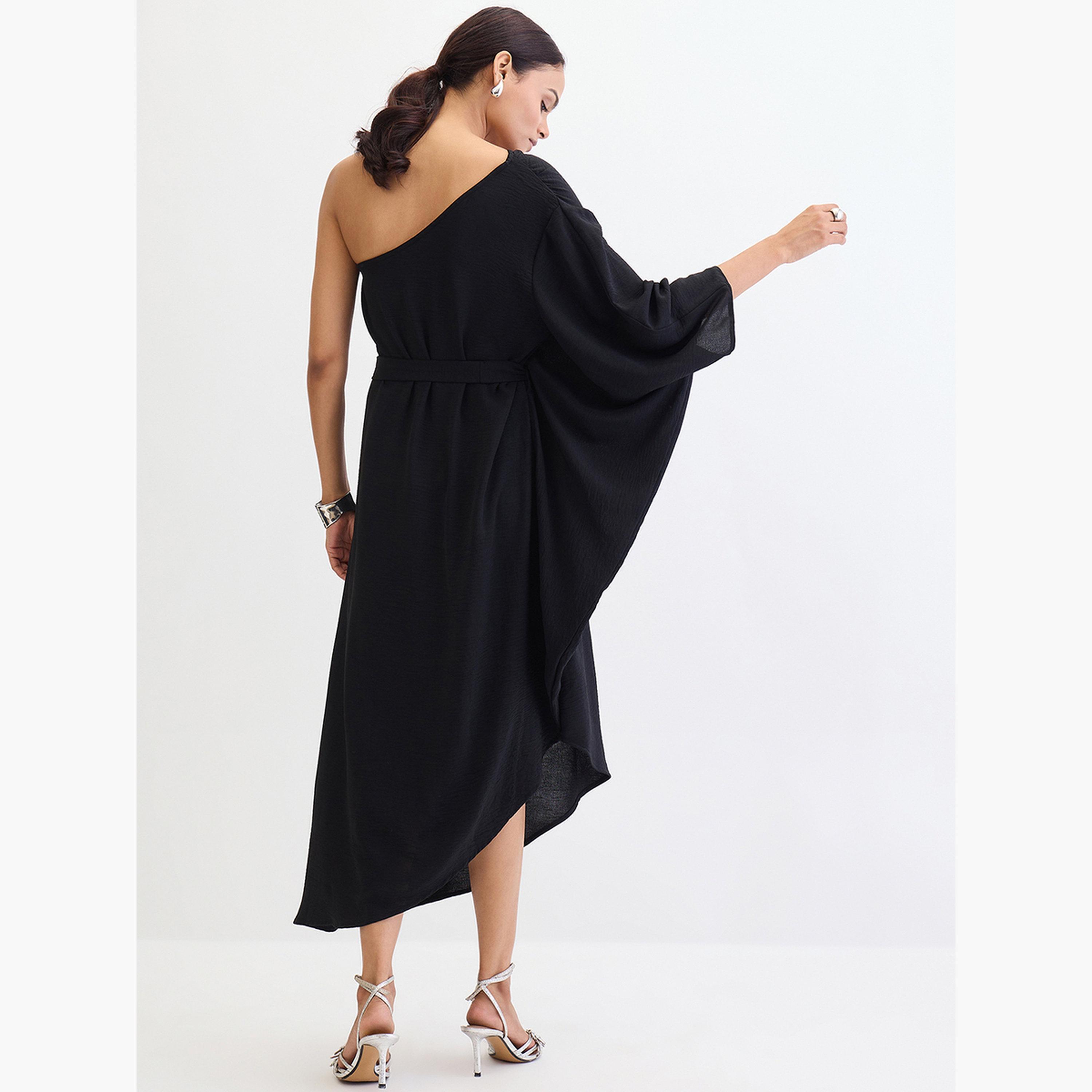 Femmella Black One Shoulder Asymmetric Midi Dress-women-clothing-dresses-image-2
