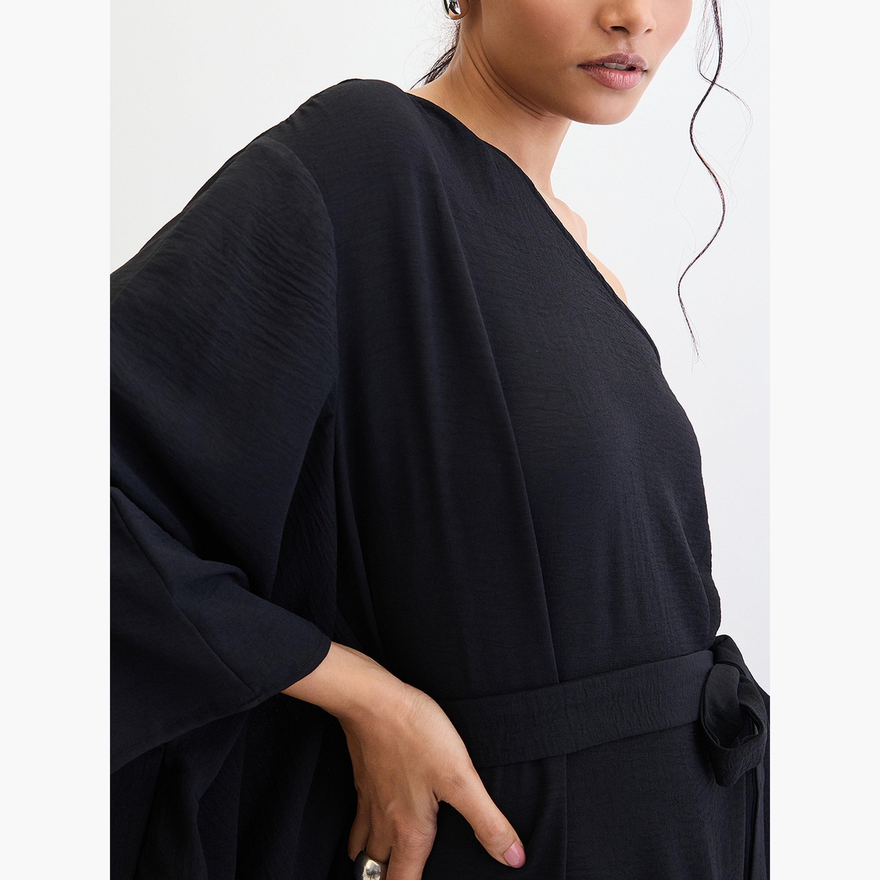 Femmella Black One Shoulder Asymmetric Midi Dress-women-clothing-dresses-image-4
