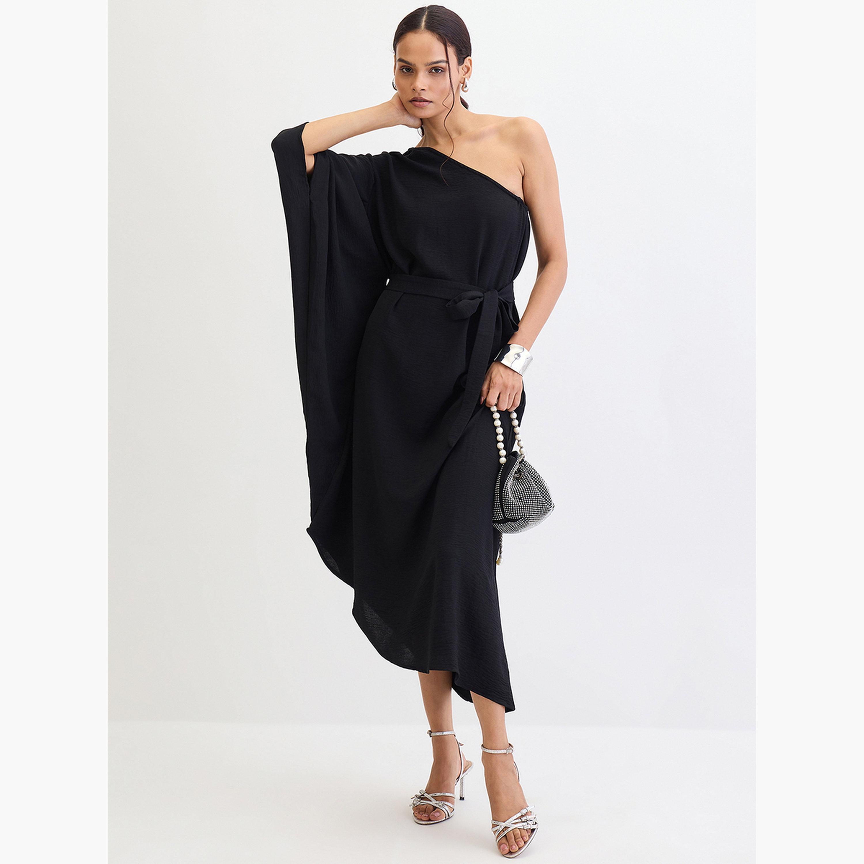 فيميلا - فستان أسود متوسط ​​الطول بكتف واحد غير متماثل-women-clothing-dresses-image-5