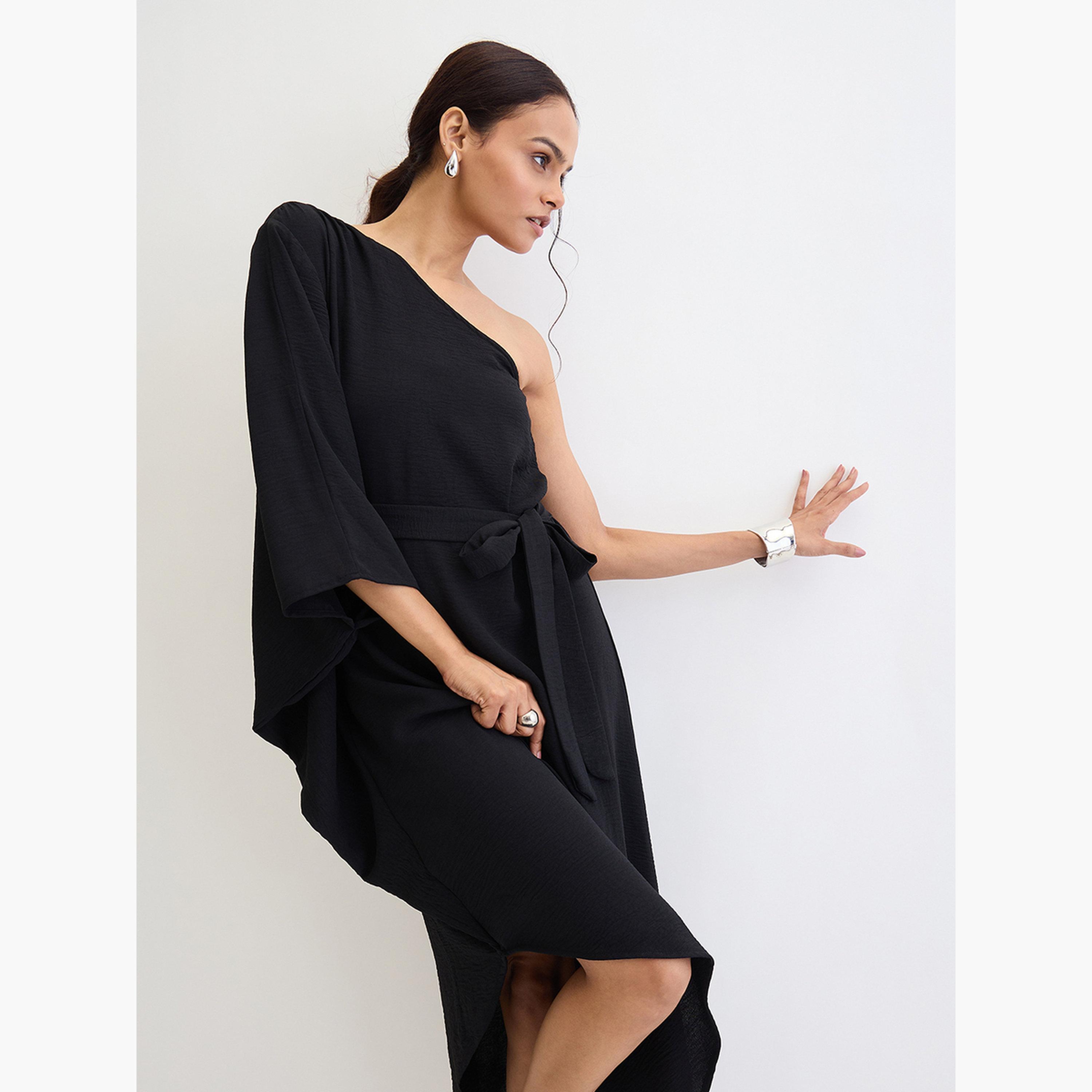Femmella Black One Shoulder Asymmetric Midi Dress-women-clothing-dresses-image-6