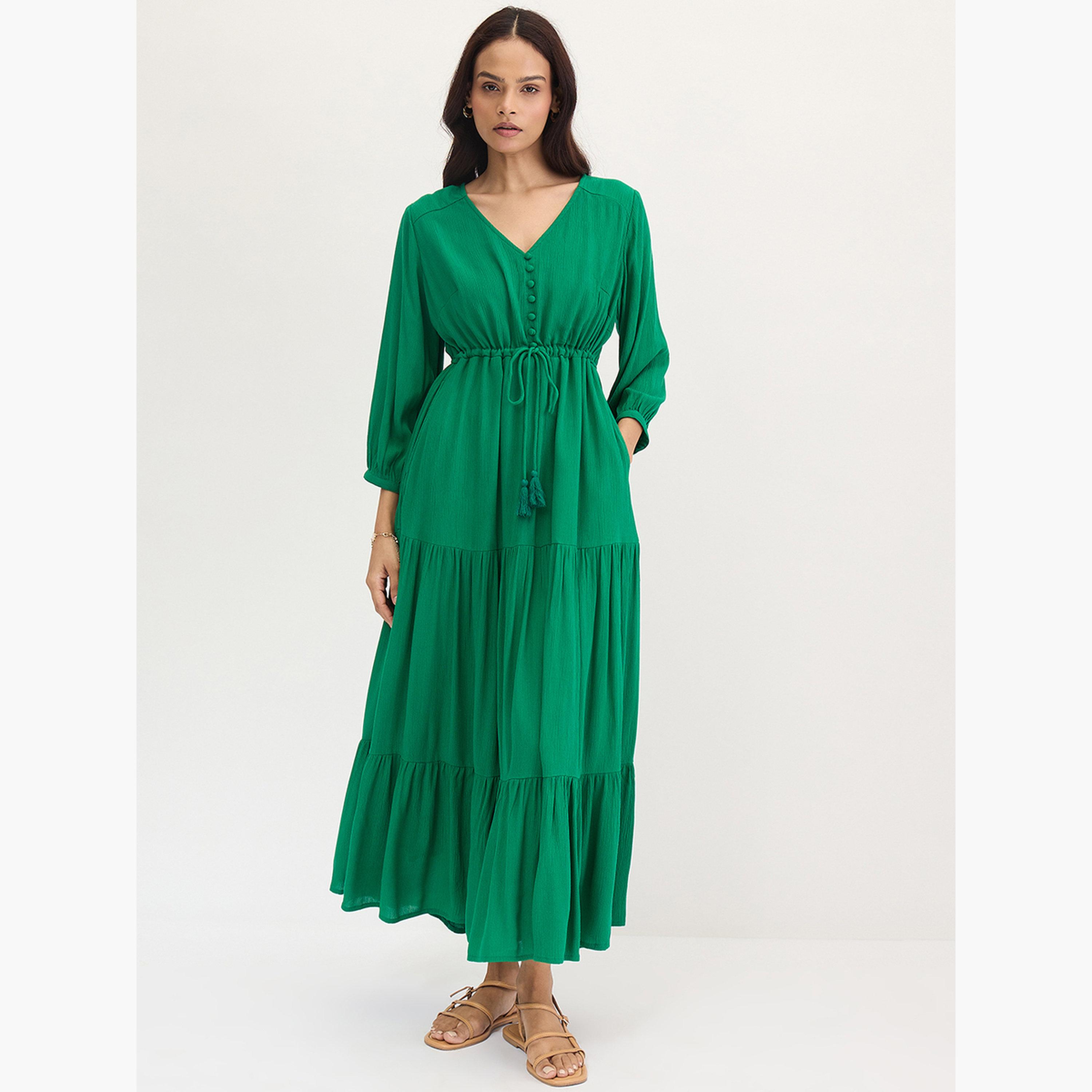 فيميلا - فستان ماكسي أخضر متدرج مجعد-women-clothing-dresses-image-1