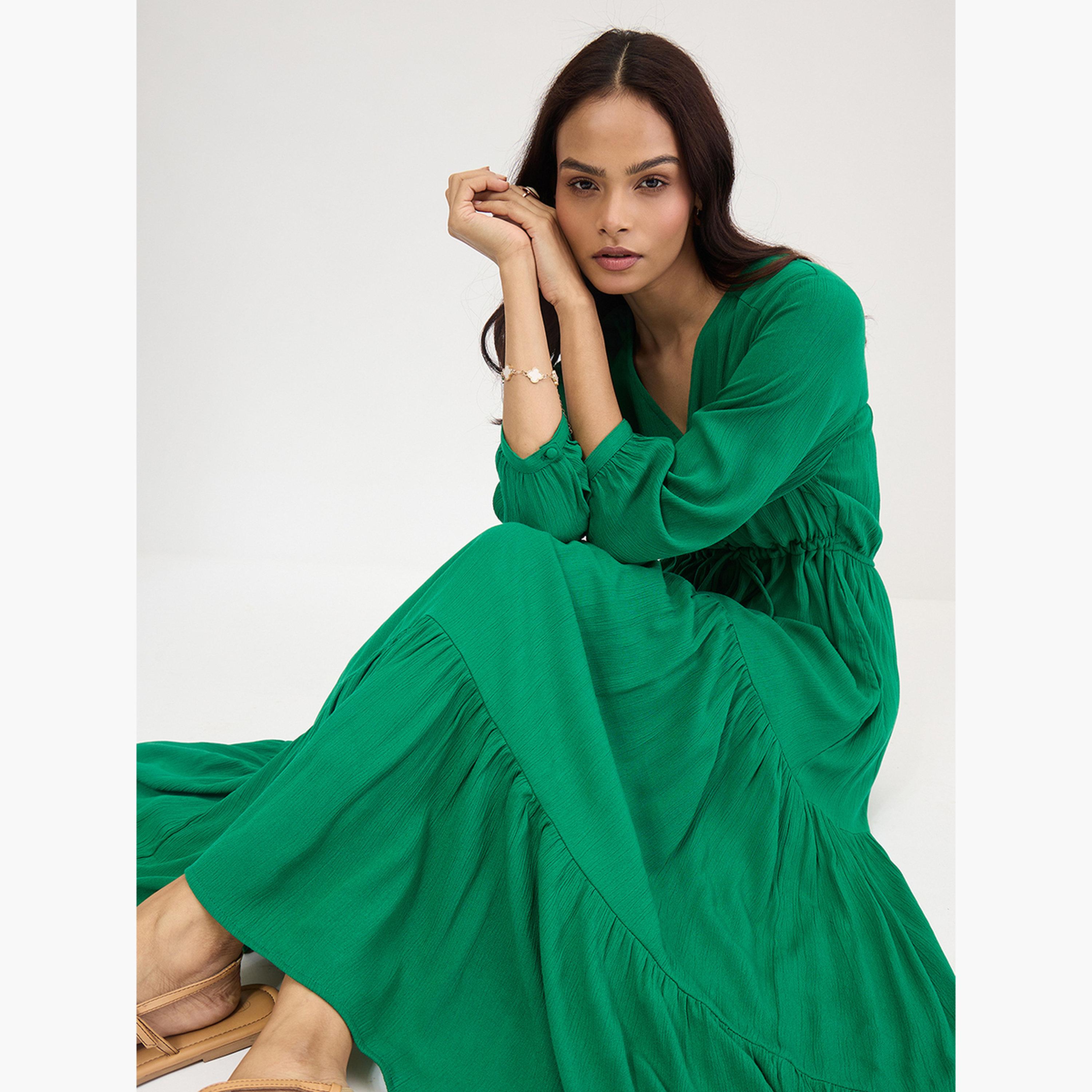 فيميلا - فستان ماكسي أخضر متدرج مجعد-women-clothing-dresses-image-4
