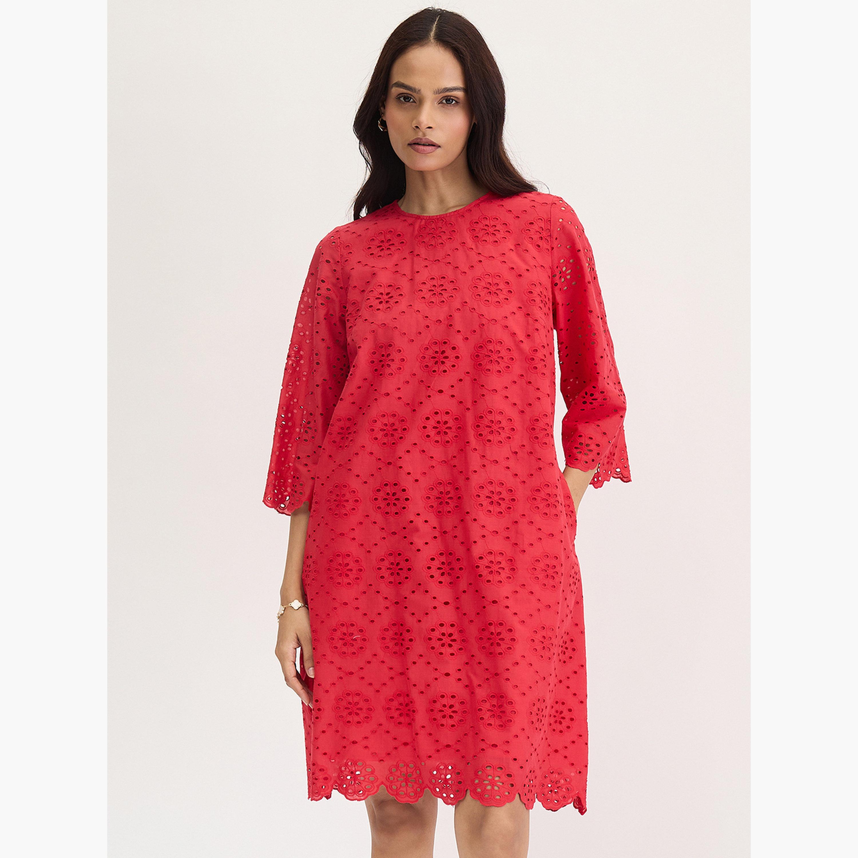 Femmella Red Cotton Schiffli Knee Length Dress-women-clothing-dresses-image-1