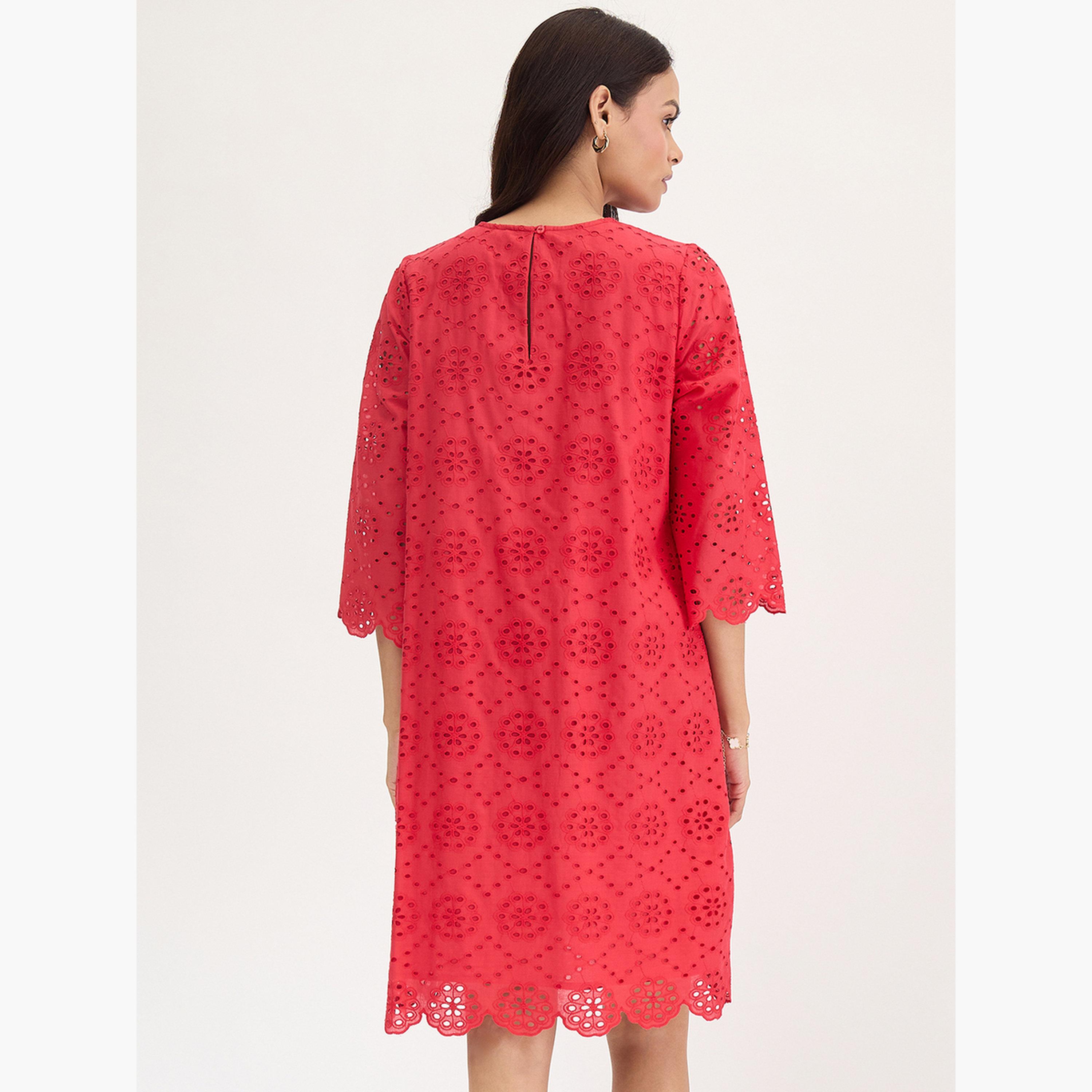 Femmella Red Cotton Schiffli Knee Length Dress-women-clothing-dresses-image-2