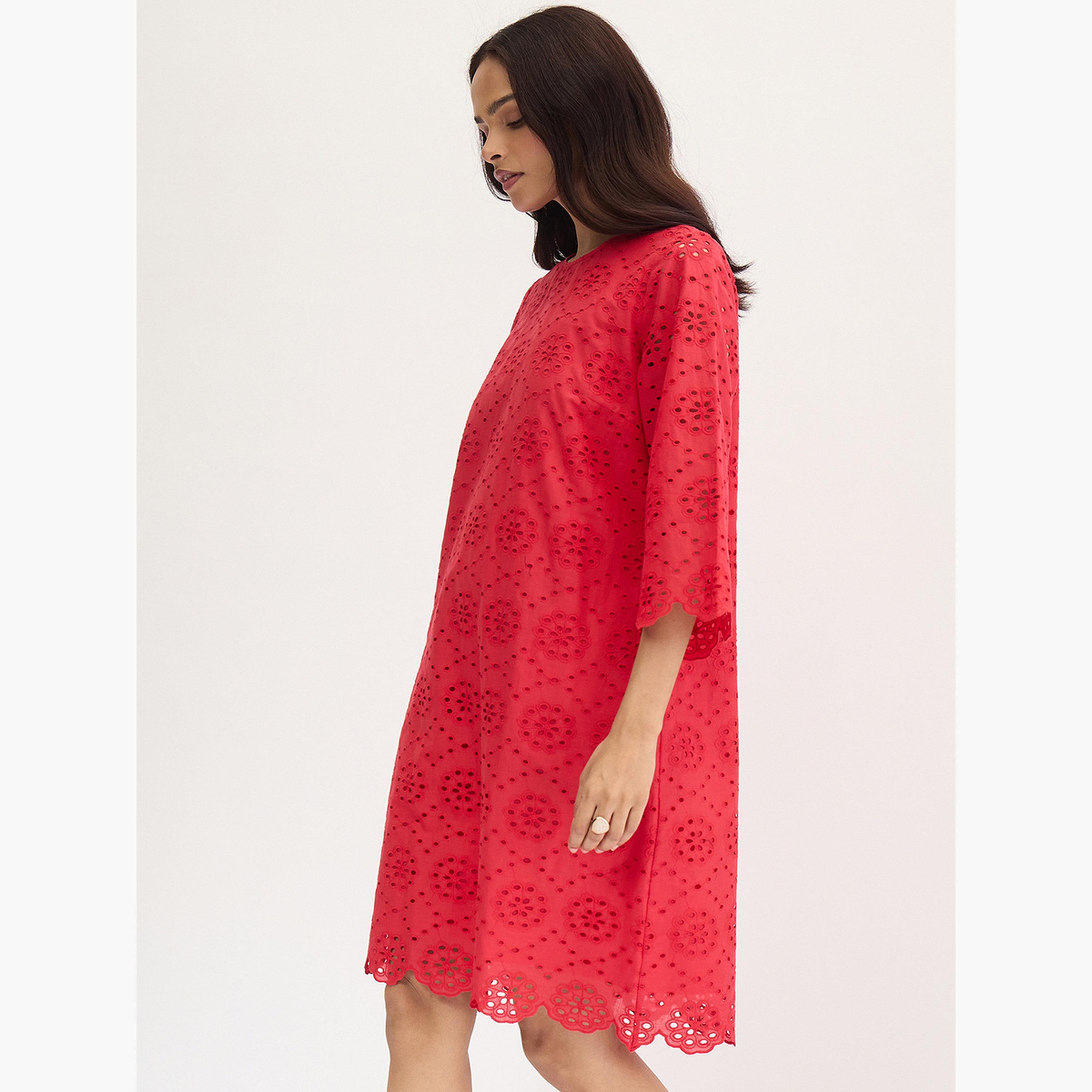 Femmella Red Cotton Schiffli Knee Length Dress-women-clothing-dresses-image-3