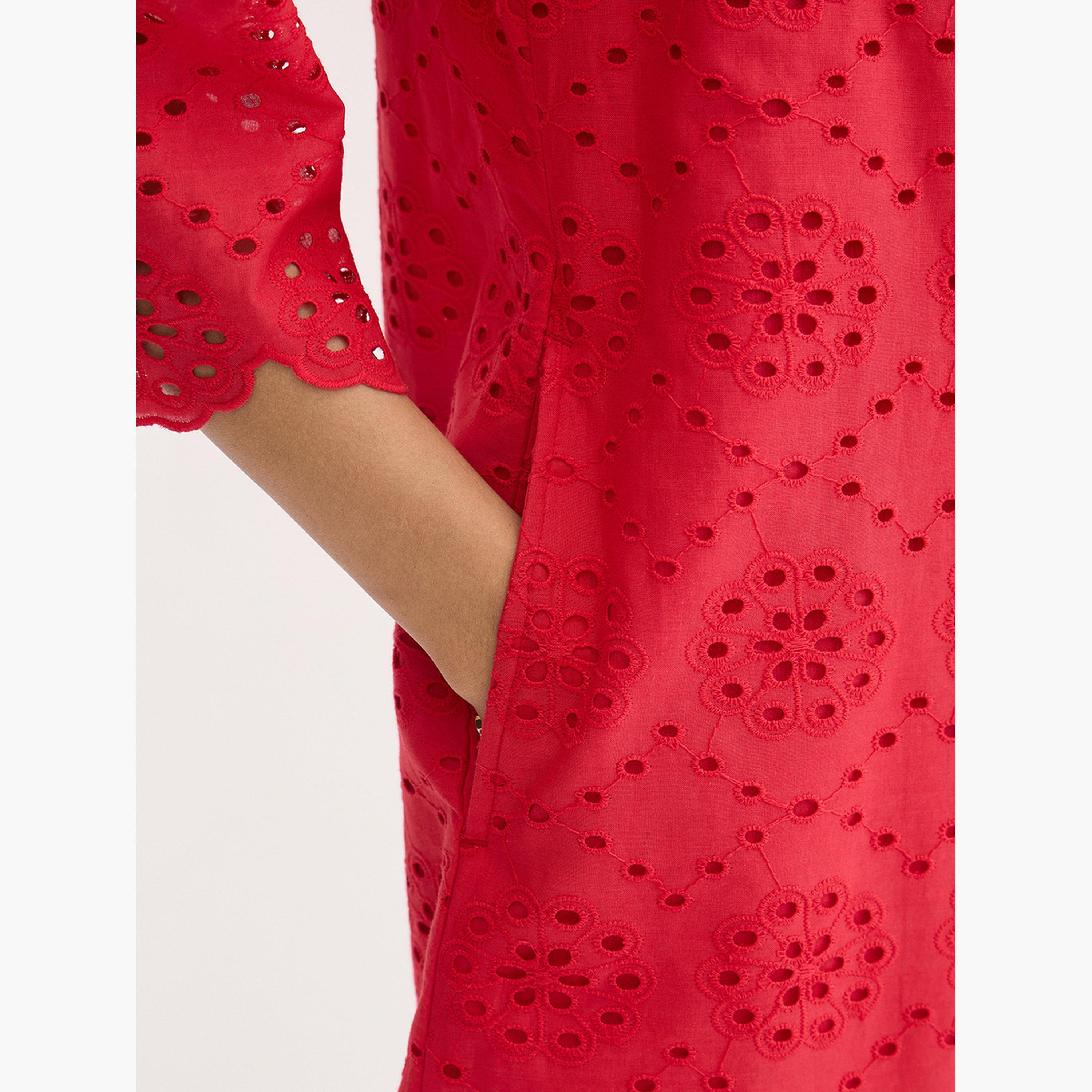 Femmella Red Cotton Schiffli Knee Length Dress-women-clothing-dresses-image-4