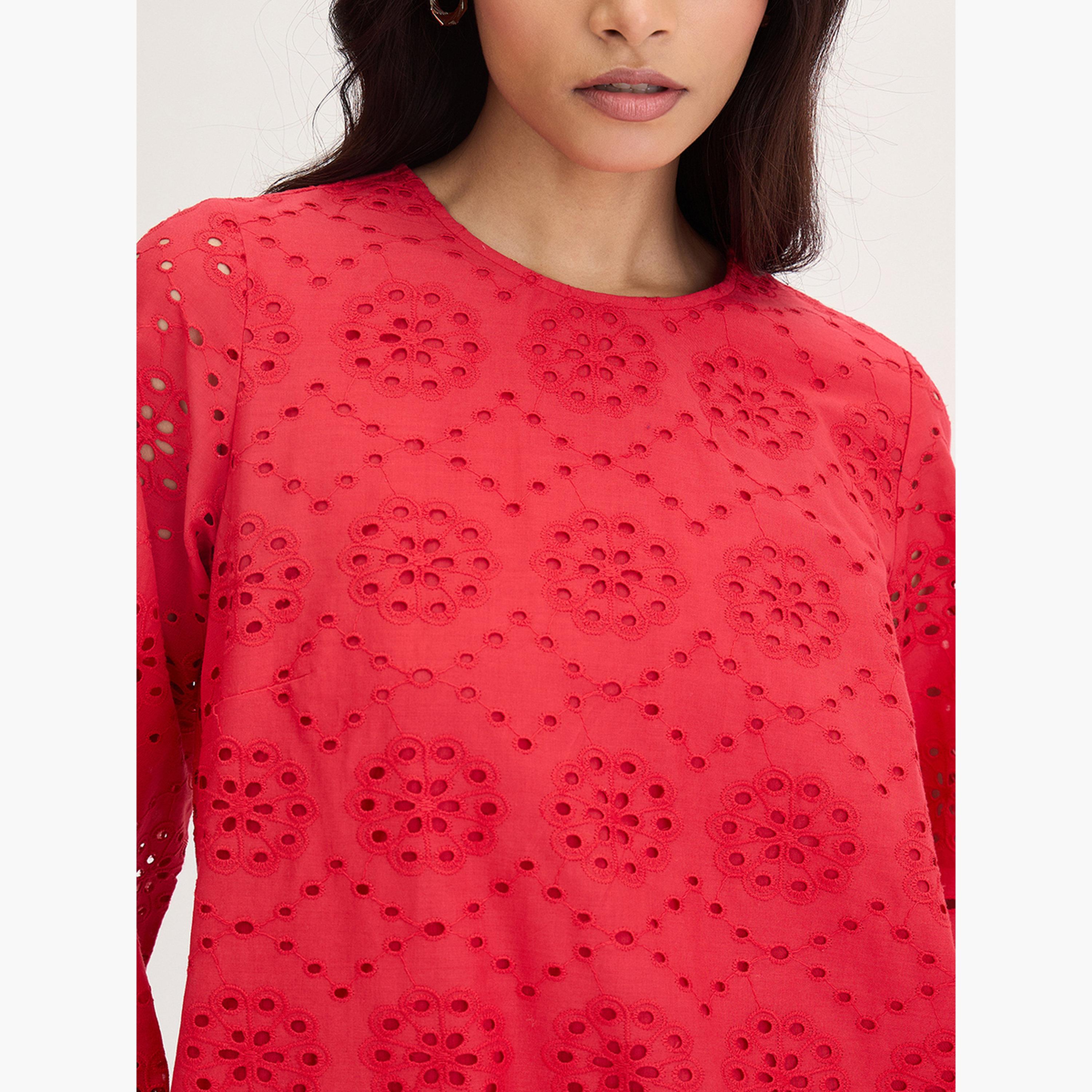 فيميلا - فستان شيفلي قطني أحمر بطول الركبة-women-clothing-dresses-image-8