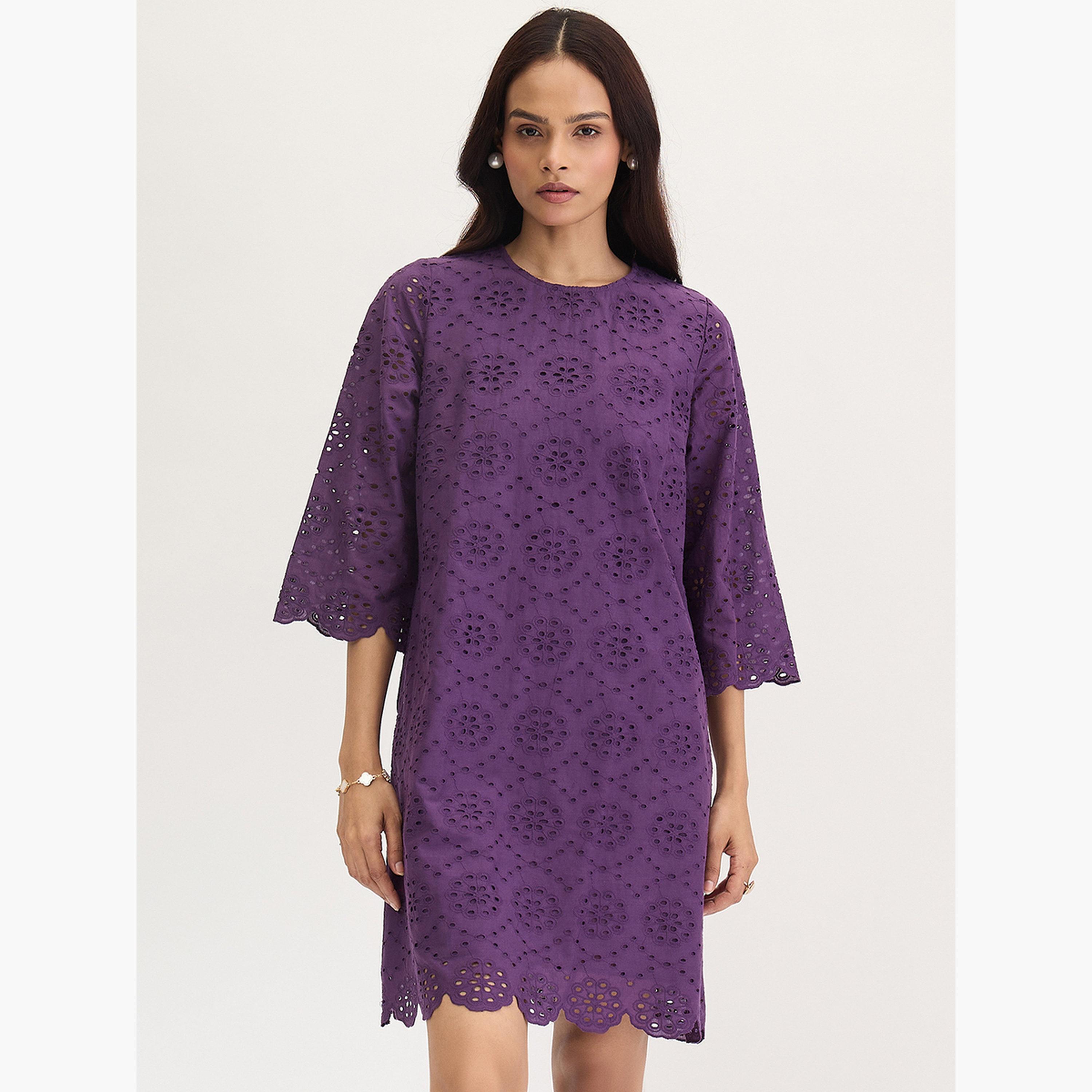 فيميلا - فستان شيفلي قطني بنفسجي بطول الركبة-women-clothing-dresses-image-1