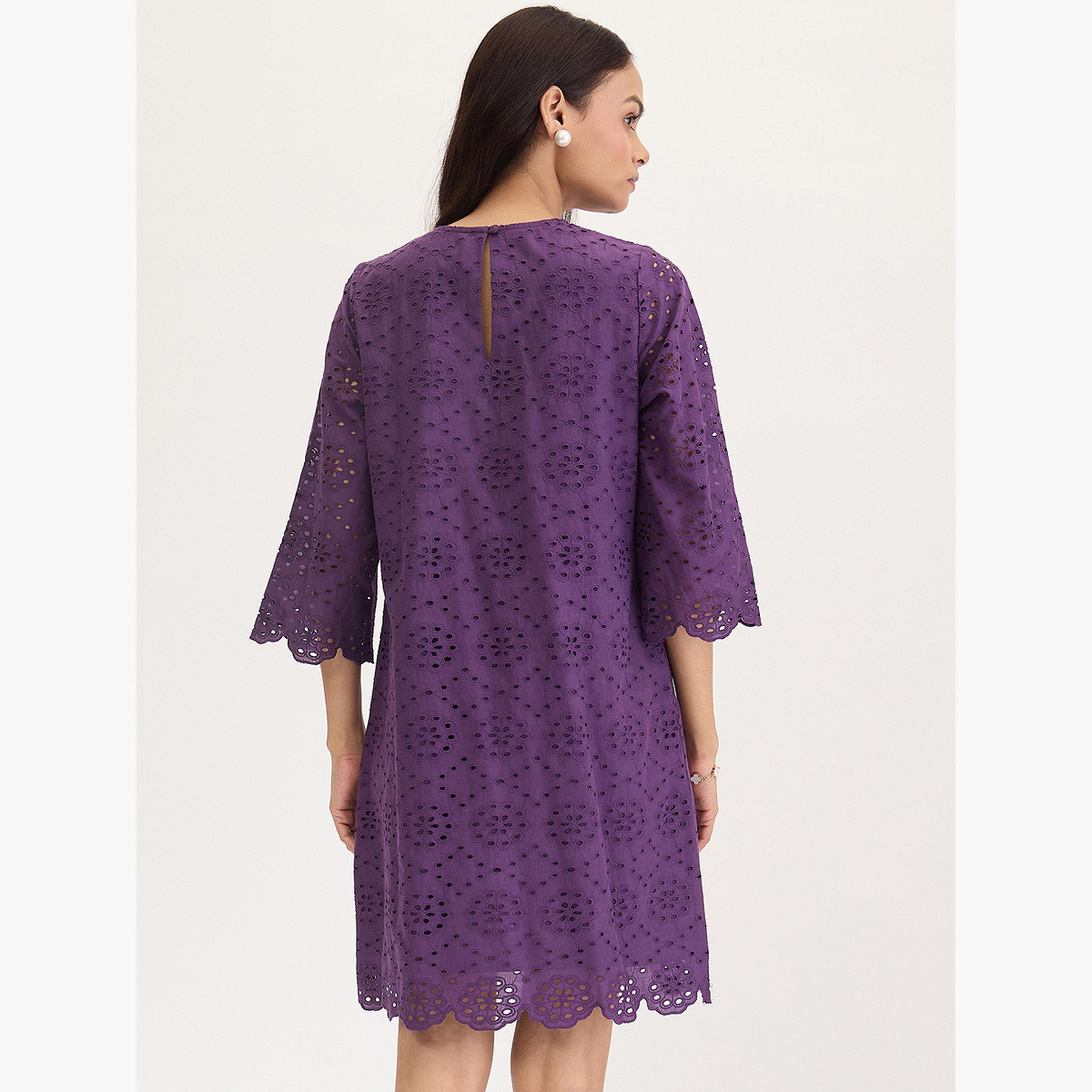 فيميلا - فستان شيفلي قطني بنفسجي بطول الركبة-women-clothing-dresses-image-2