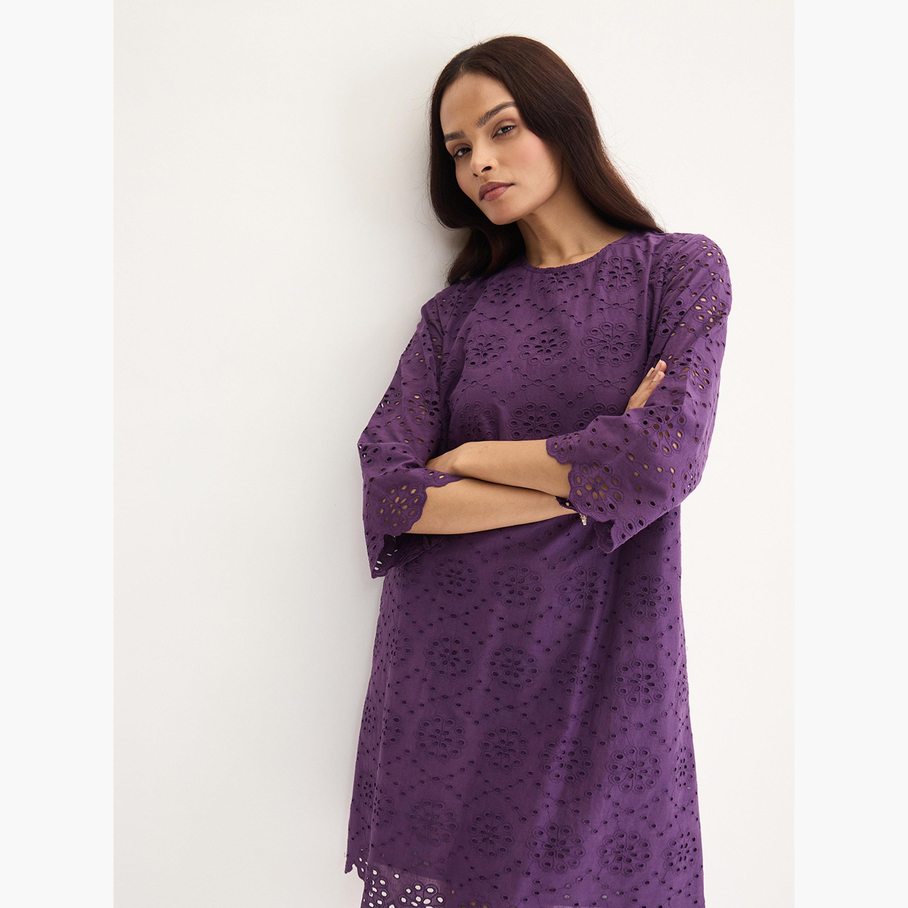 فيميلا - فستان شيفلي قطني بنفسجي بطول الركبة-women-clothing-dresses-image-4