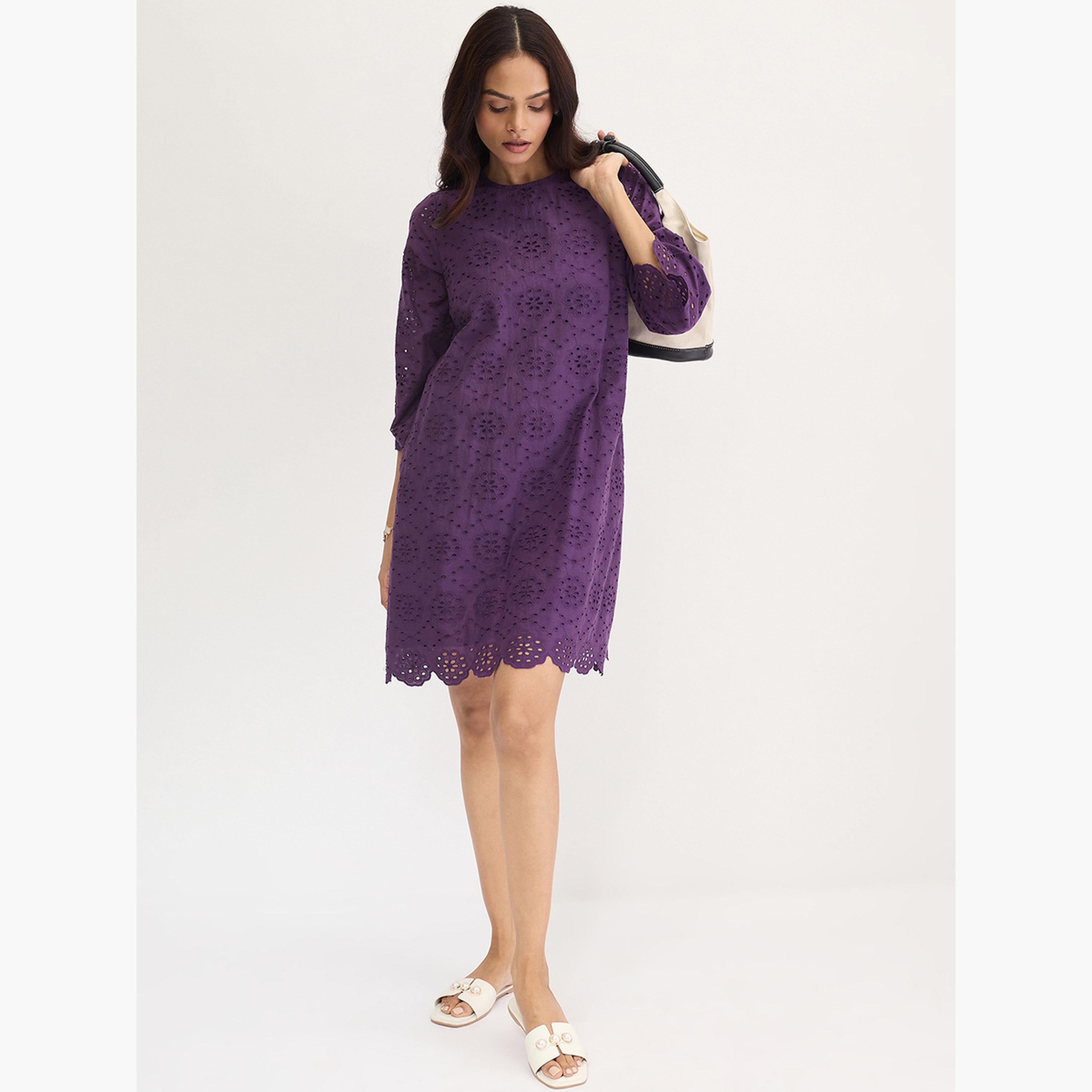 فيميلا - فستان شيفلي قطني بنفسجي بطول الركبة-women-clothing-dresses-image-7