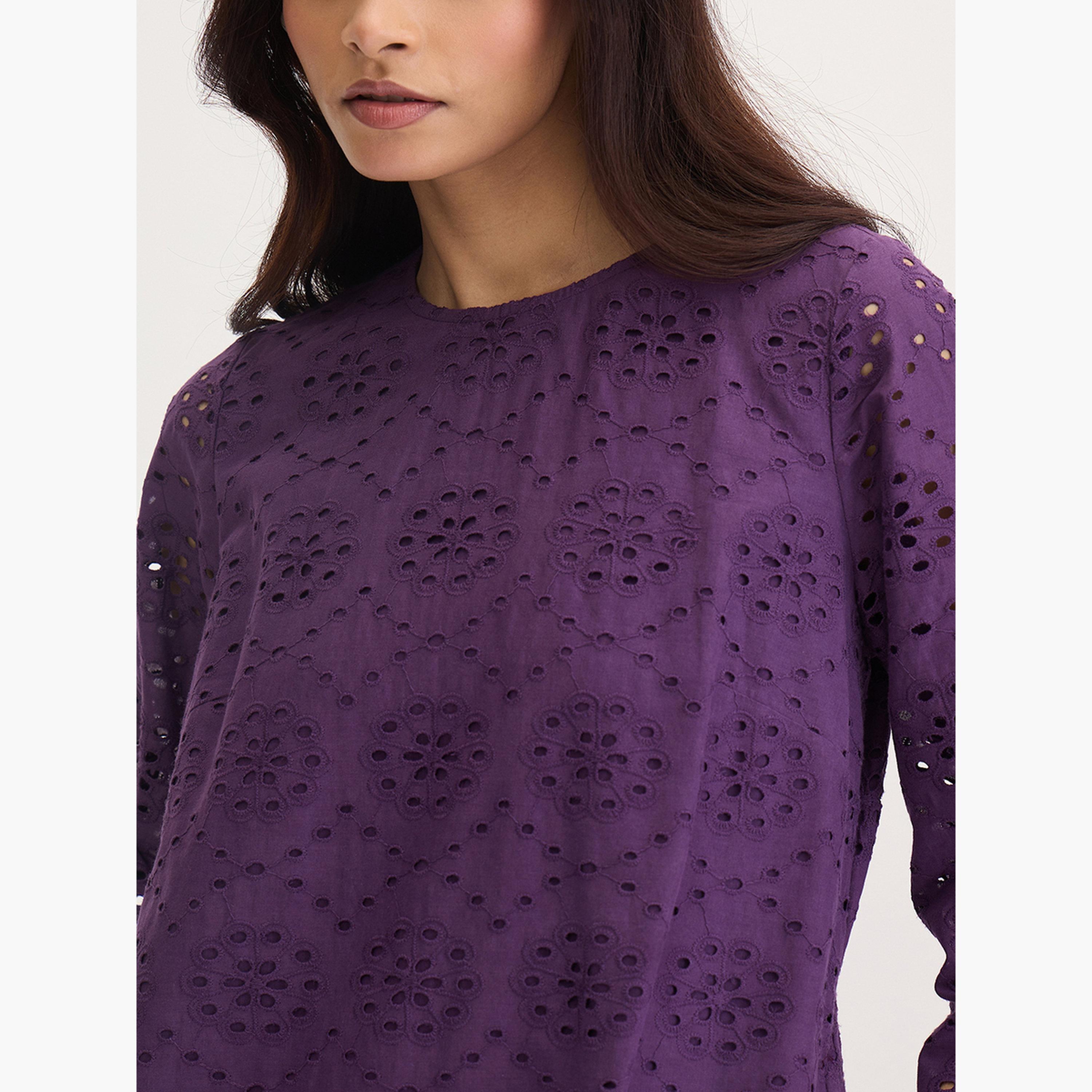 فيميلا - فستان شيفلي قطني بنفسجي بطول الركبة-women-clothing-dresses-image-8