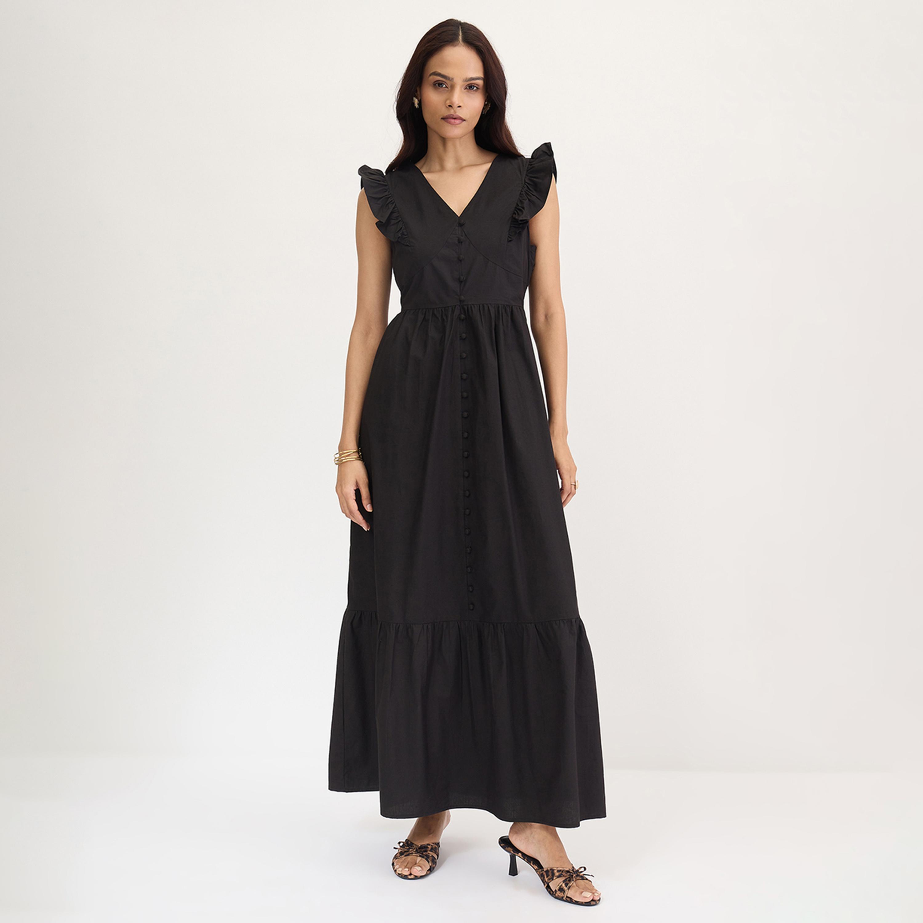 فيميلا - فستان ماكسي أسود بأكمام مكشكشة من قماش البوبلين-women-clothing-dresses-image-1