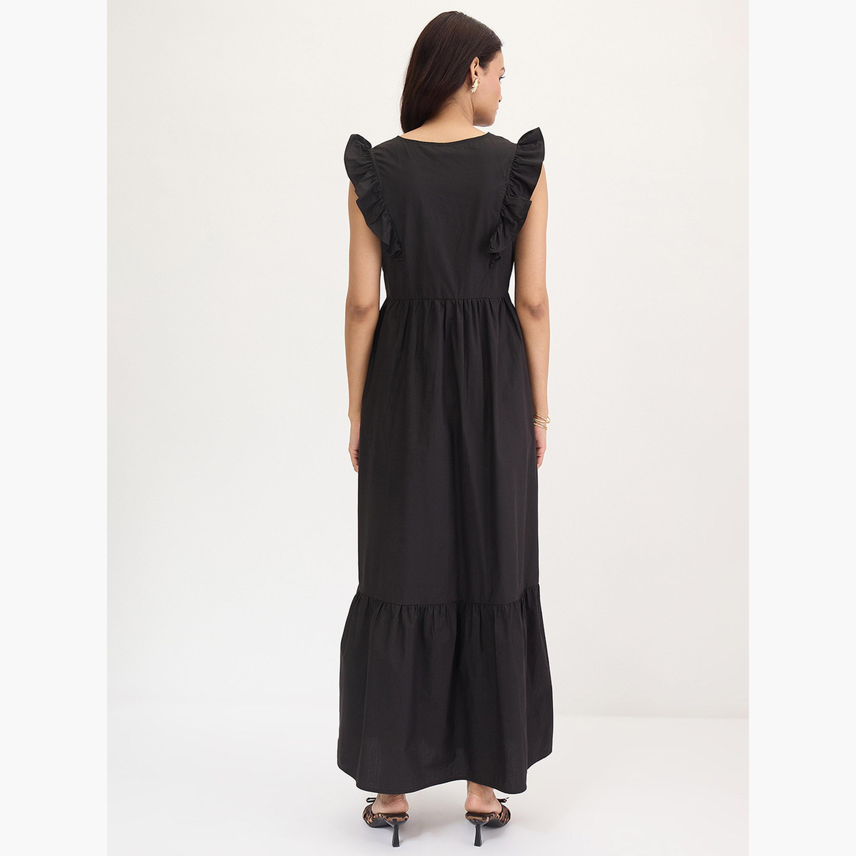 فيميلا - فستان ماكسي أسود بأكمام مكشكشة من قماش البوبلين-women-clothing-dresses-image-2