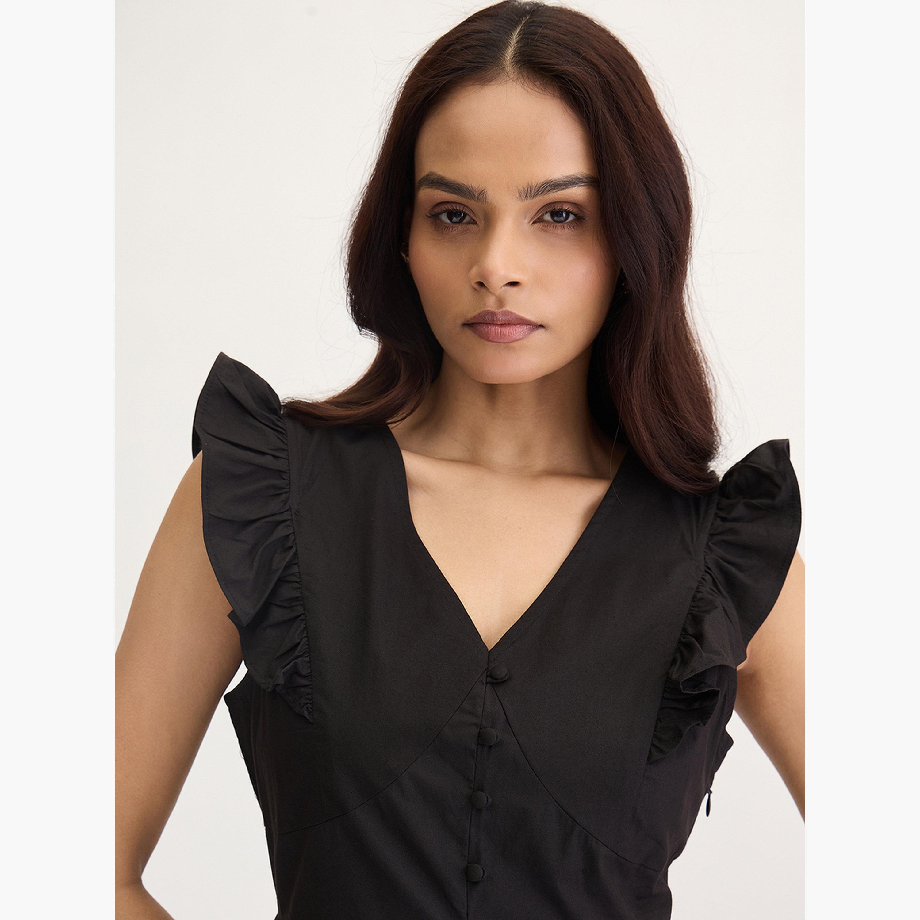 فيميلا - فستان ماكسي أسود بأكمام مكشكشة من قماش البوبلين-women-clothing-dresses-image-3
