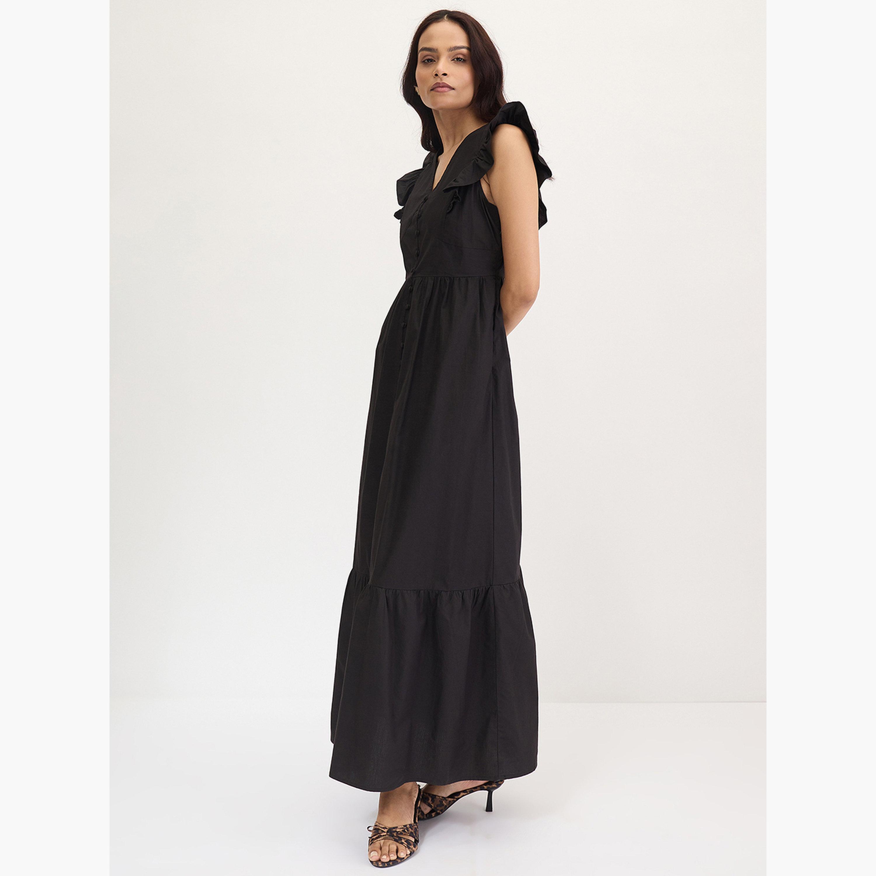فيميلا - فستان ماكسي أسود بأكمام مكشكشة من قماش البوبلين-women-clothing-dresses-image-4