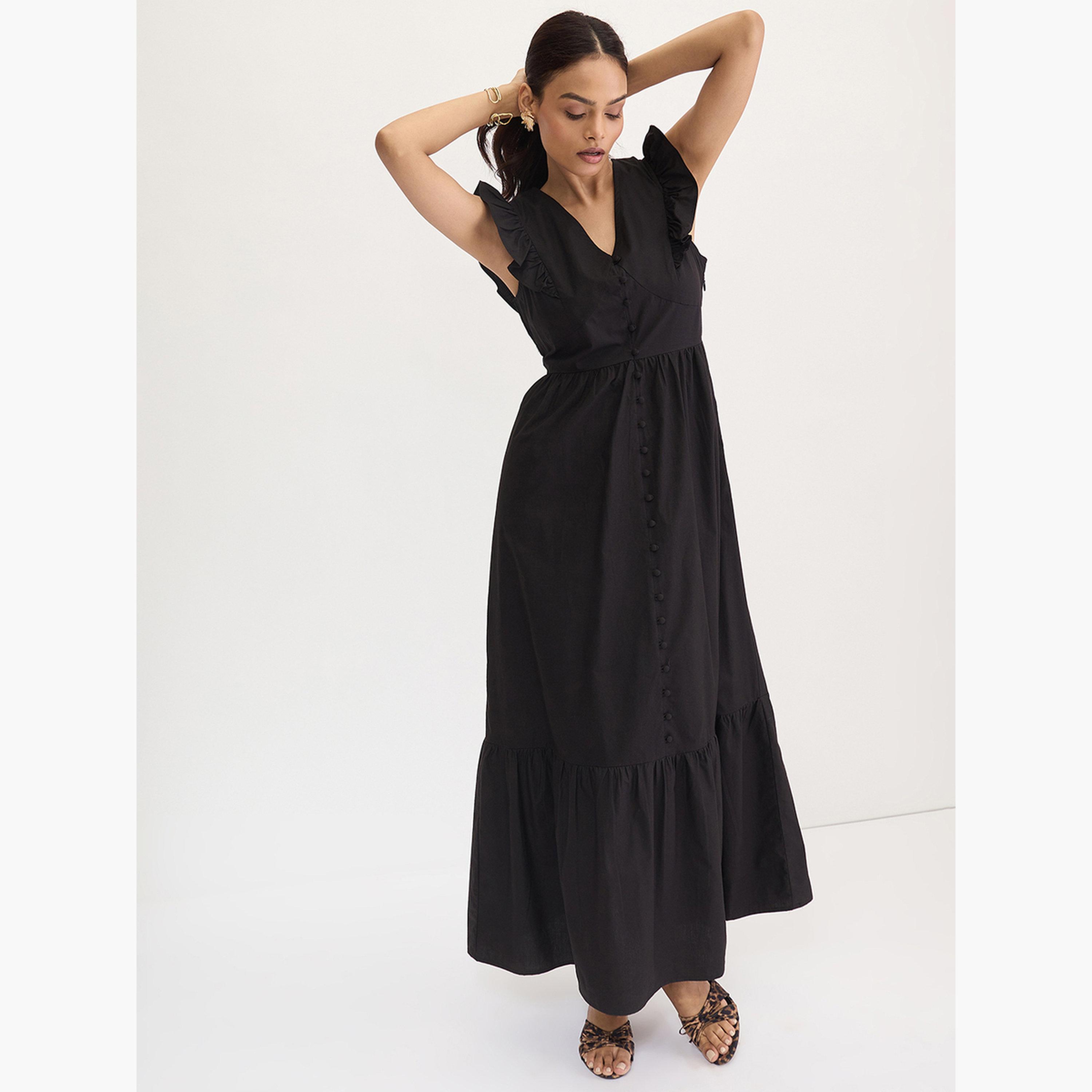 فيميلا - فستان ماكسي أسود بأكمام مكشكشة من قماش البوبلين-women-clothing-dresses-image-5