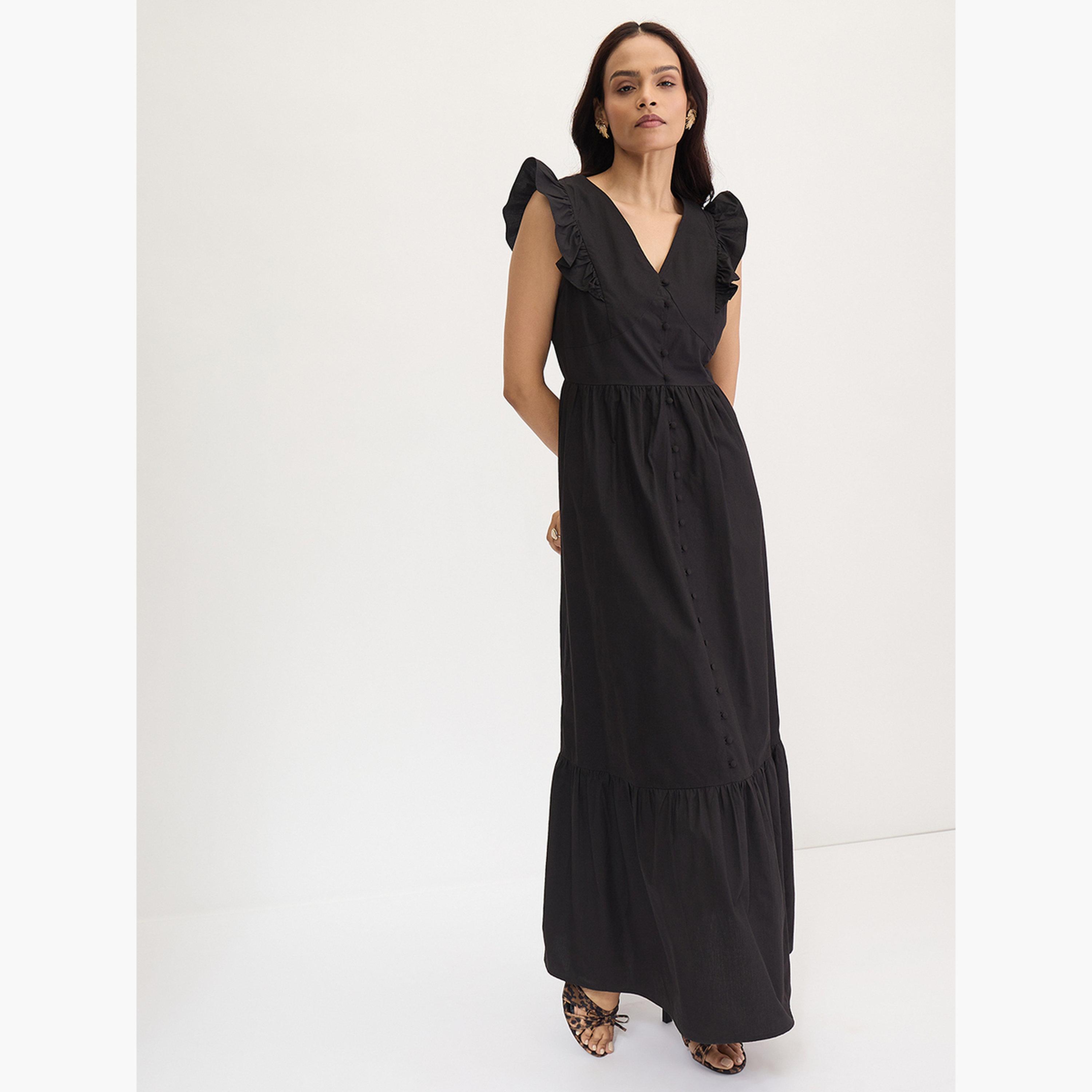 فيميلا - فستان ماكسي أسود بأكمام مكشكشة من قماش البوبلين-women-clothing-dresses-image-6