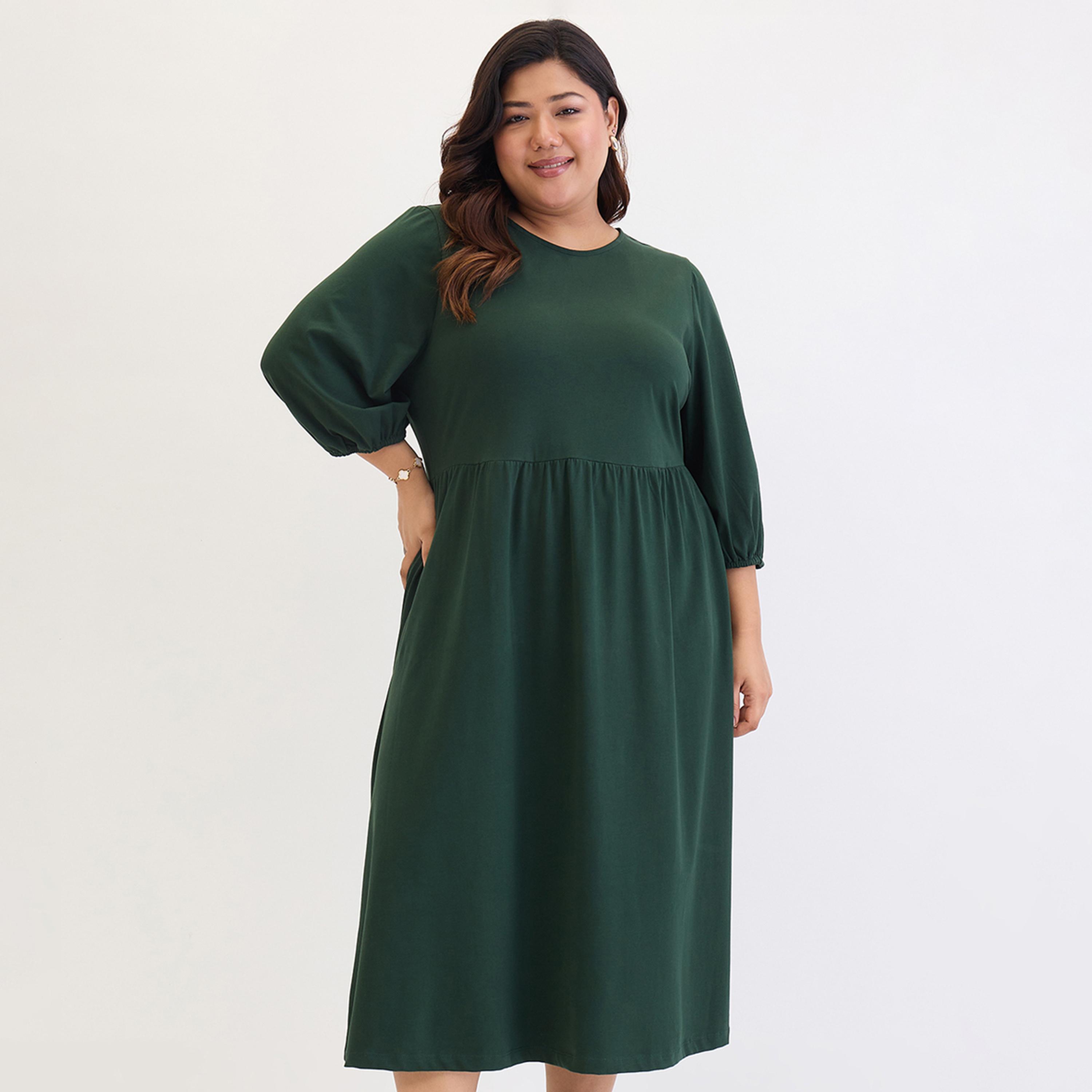 Femmella Plus Size Green Cotton Knit Midi Dress-women-clothing-dresses-image-1