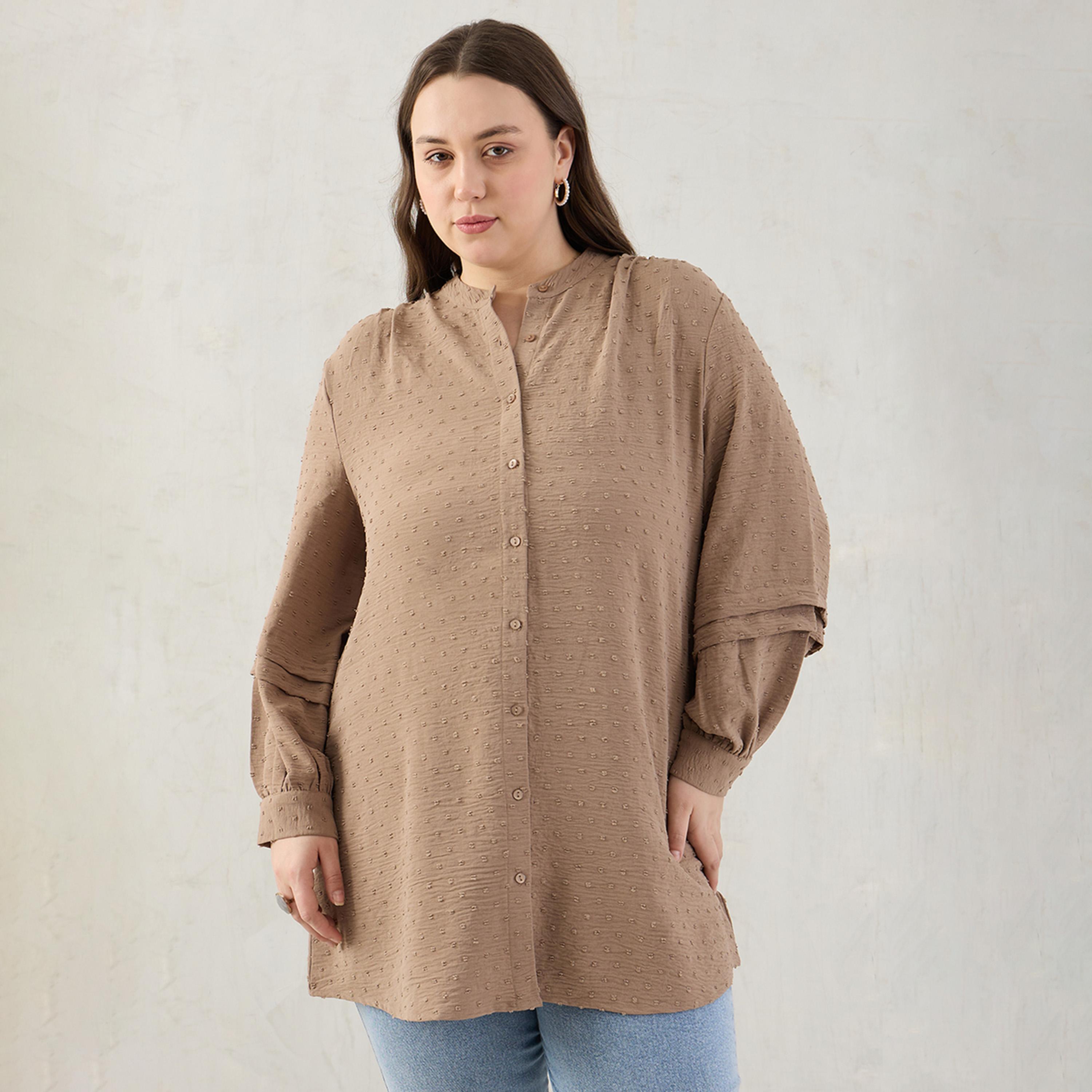 Femmella Plus Size Beige Dobby Button Down Shirt-women-clothing-shirtsandblouses-shirts-image-1