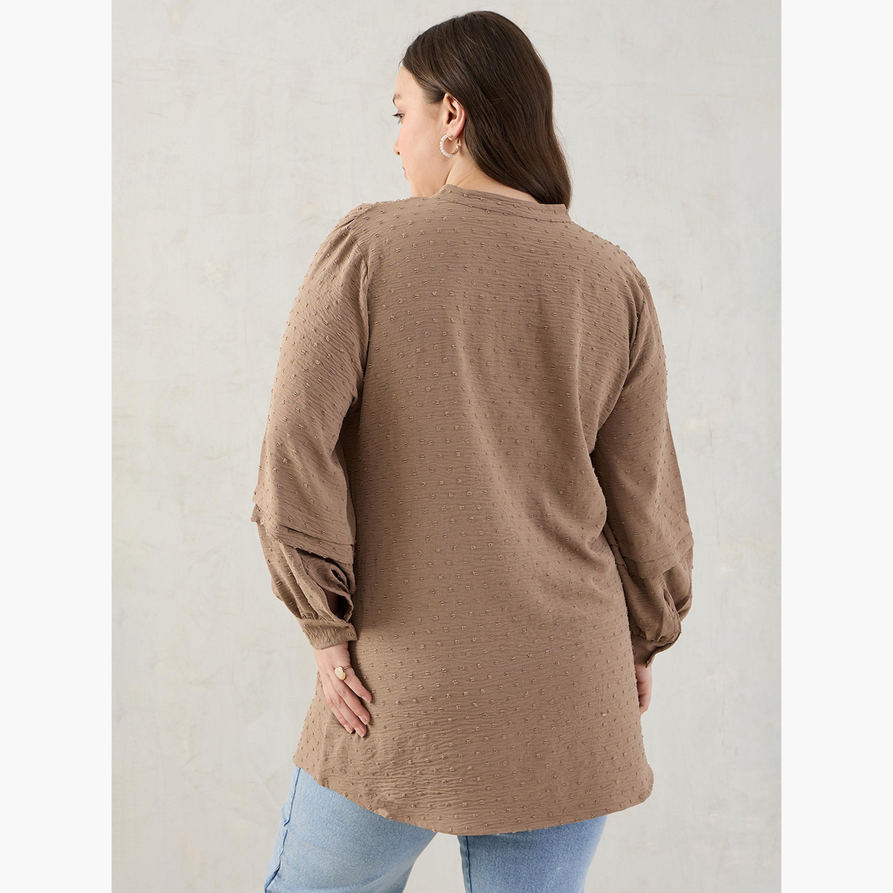 Femmella Plus Size Beige Dobby Button Down Shirt-women-clothing-shirtsandblouses-shirts-image-2