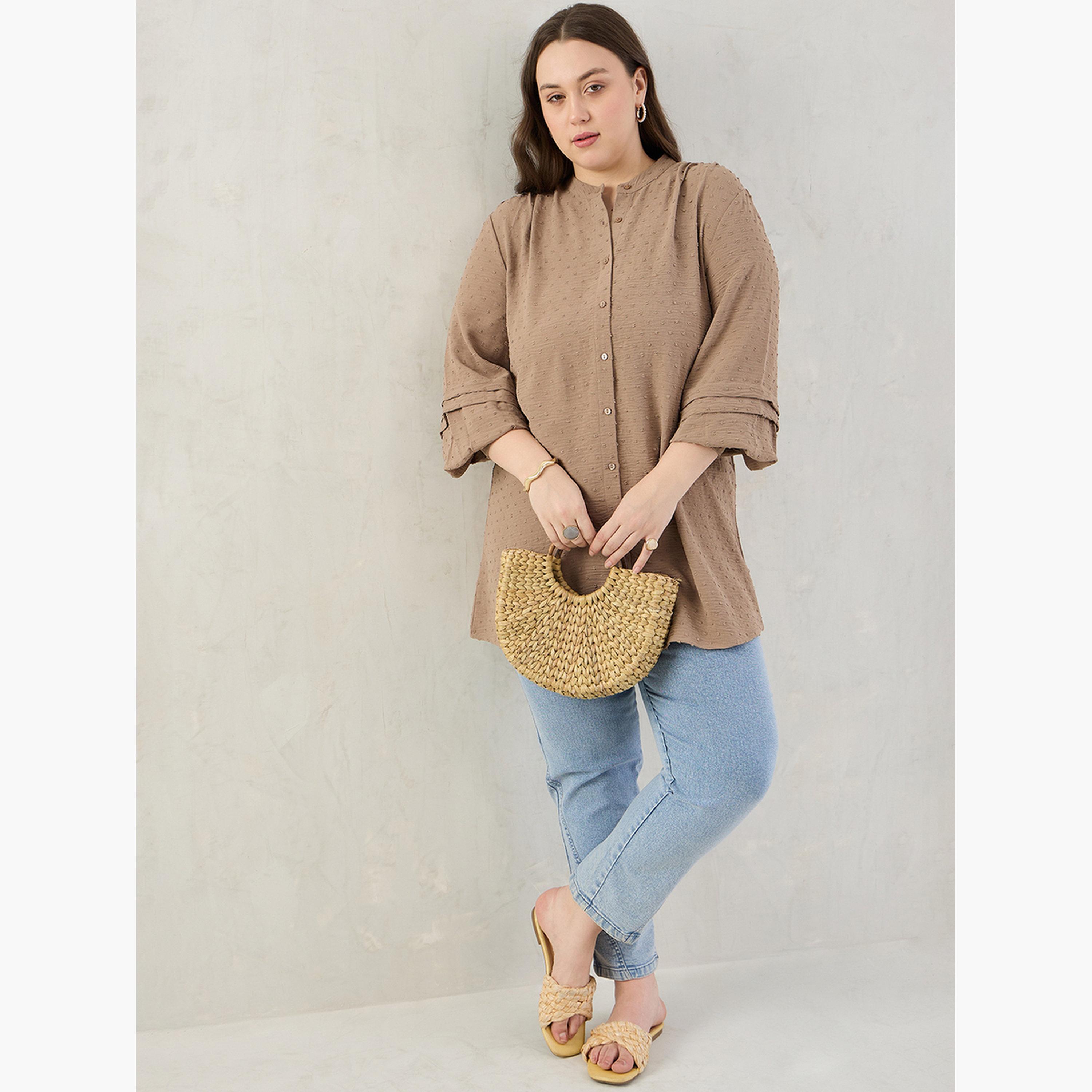 Femmella Plus Size Beige Dobby Button Down Shirt-women-clothing-shirtsandblouses-shirts-image-5