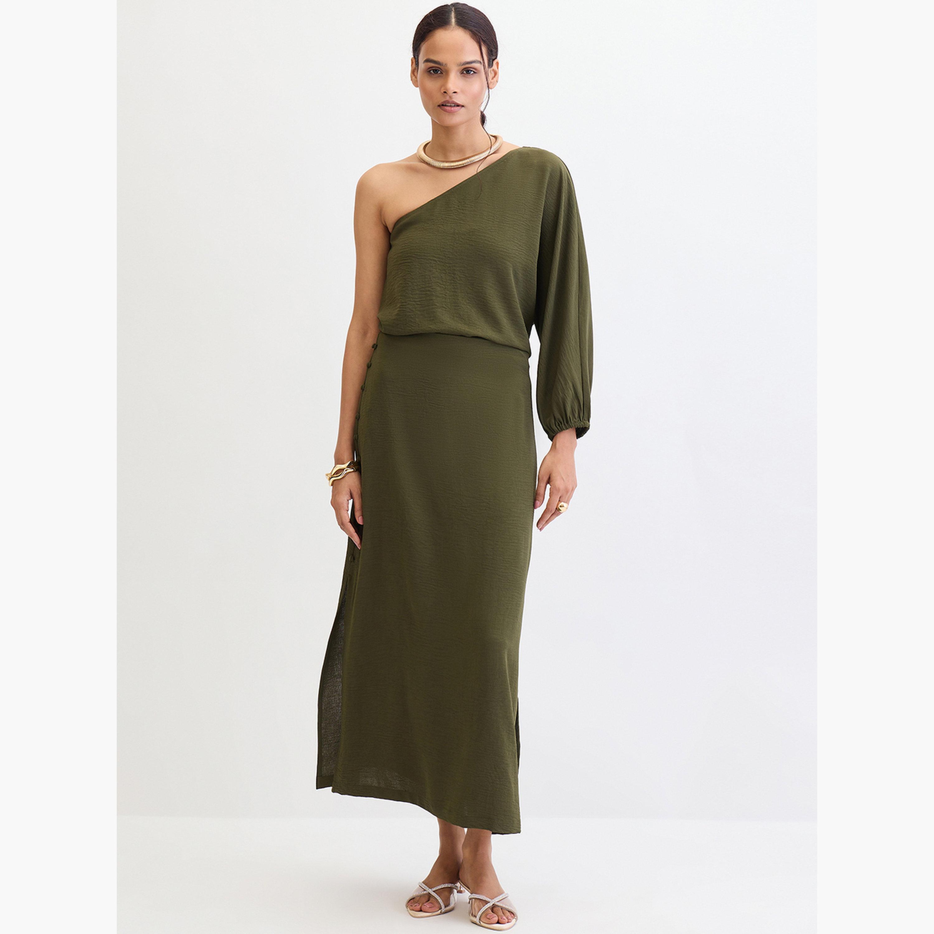 Femmella Olive One Shoulder Top and Skirt Co-Ords-women-clothing-coordsets-image-1