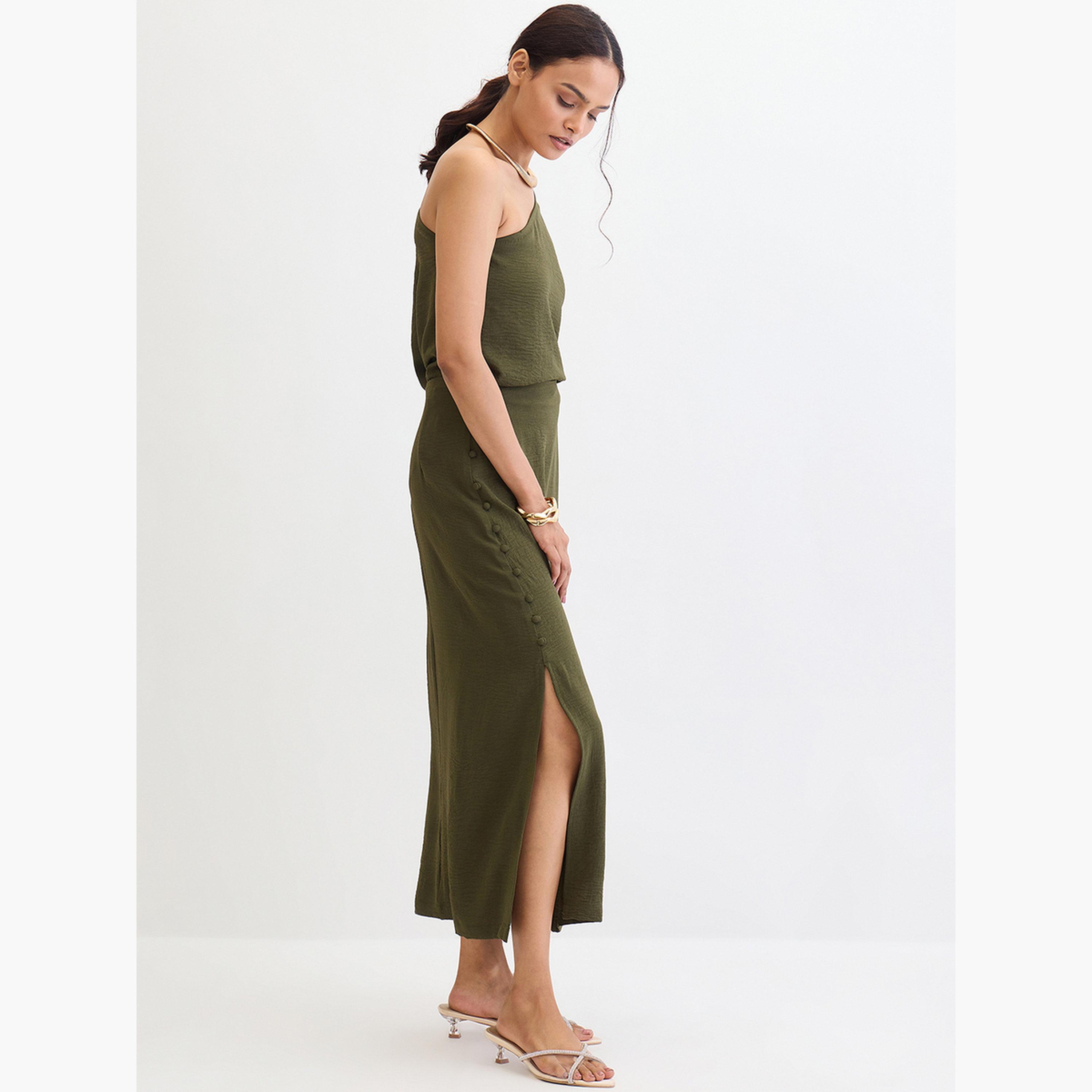 Femmella Olive One Shoulder Top and Skirt Co-Ords-women-clothing-coordsets-image-2