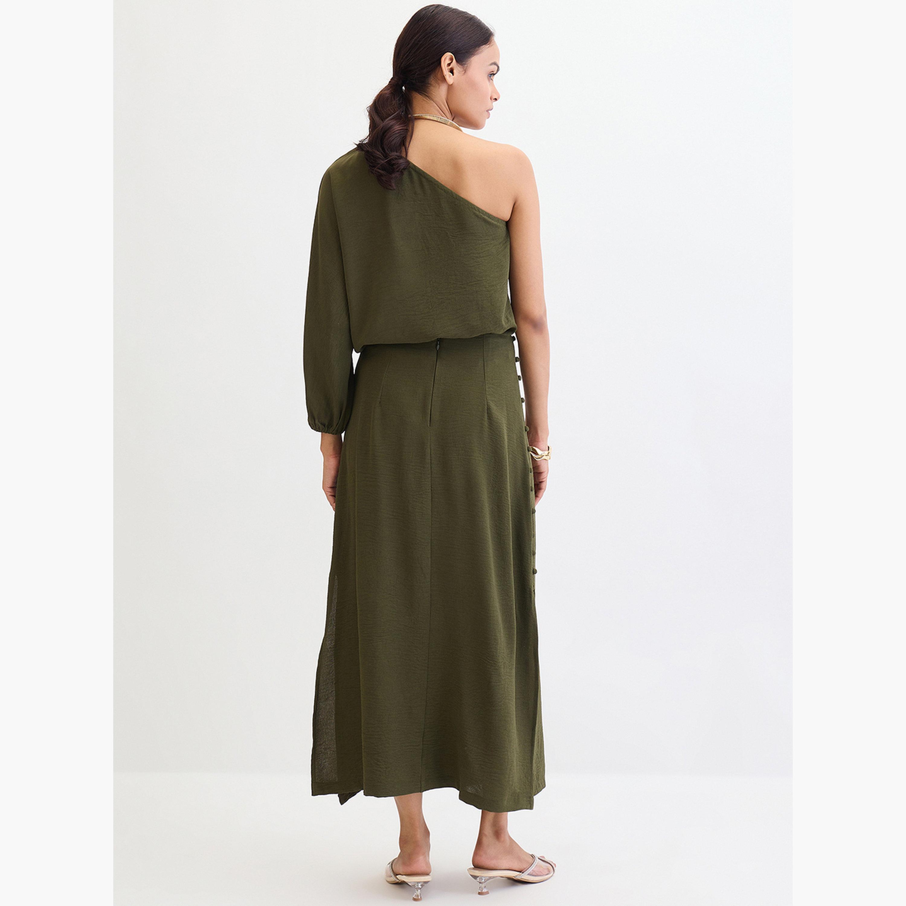 Femmella Olive One Shoulder Top and Skirt Co-Ords-women-clothing-coordsets-image-3