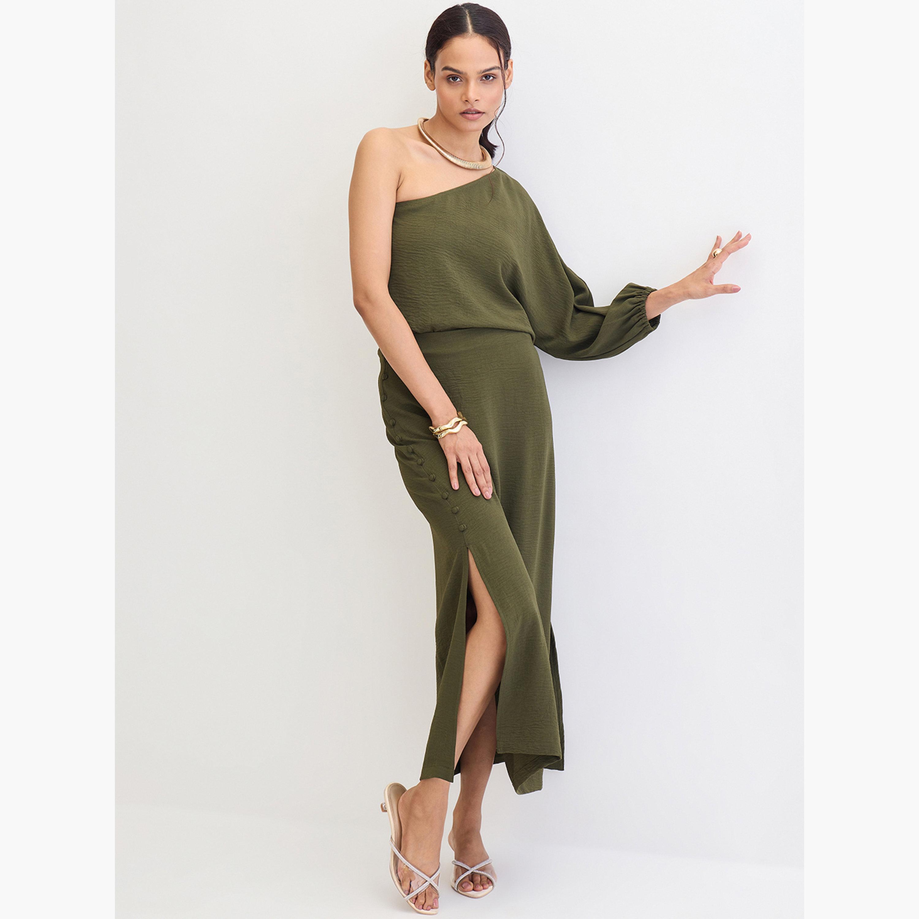 فيميلا - طقم بلوزة وتنورة بكتف واحد لون زيتوني-women-clothing-coordsets-image-4