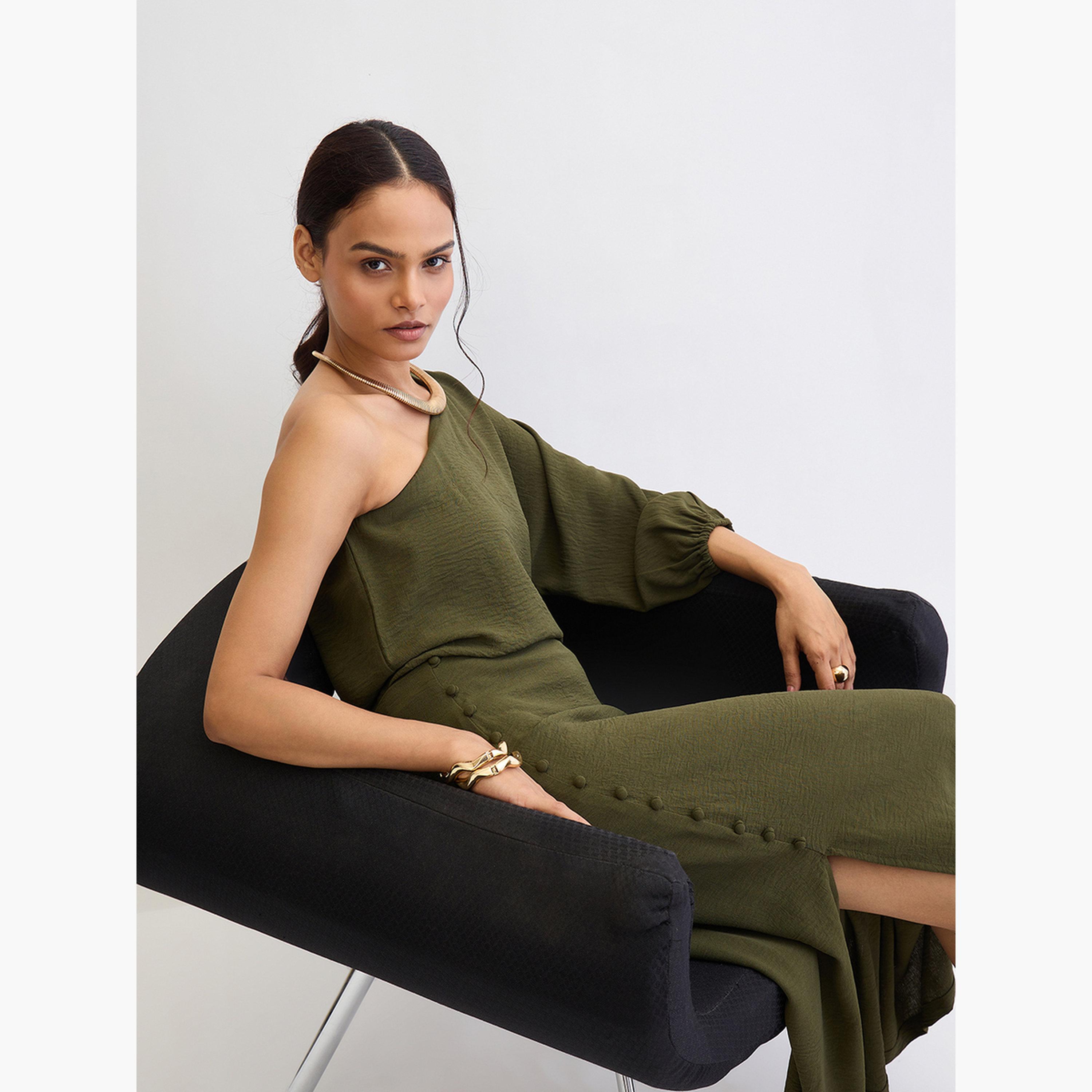 Femmella Olive One Shoulder Top and Skirt Co-Ords-women-clothing-coordsets-image-5