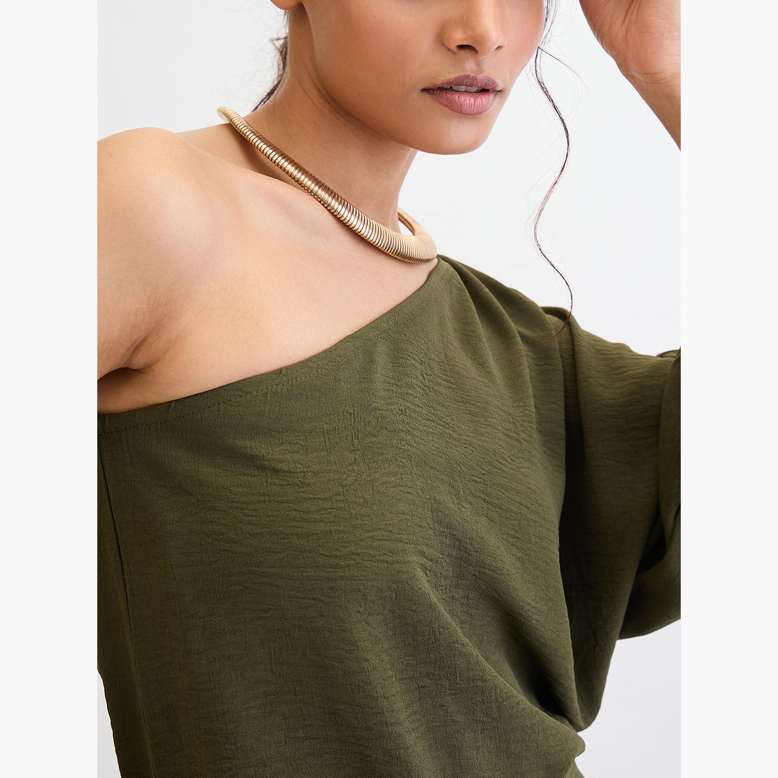 فيميلا - طقم بلوزة وتنورة بكتف واحد لون زيتوني-women-clothing-coordsets-image-6