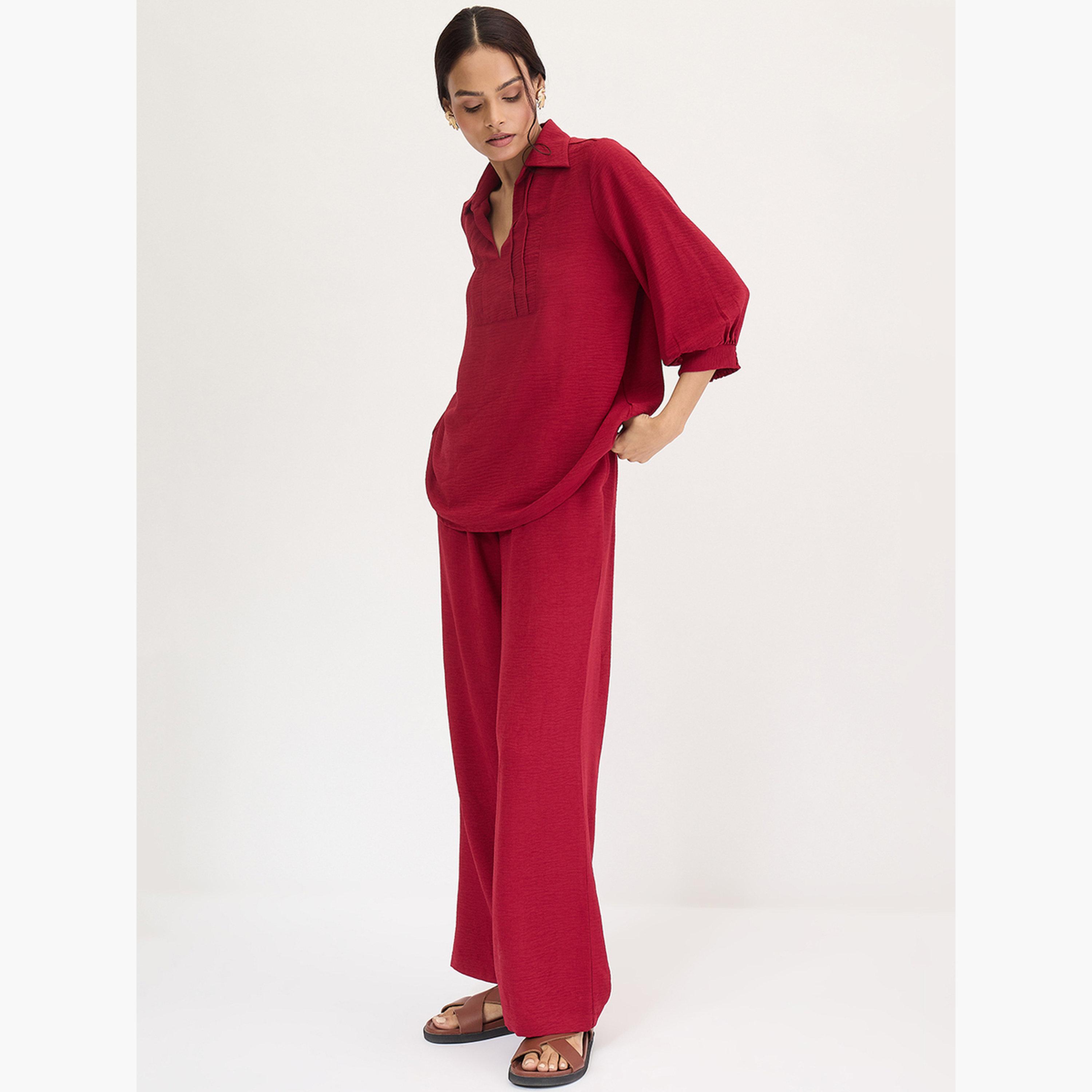 فيميلا - قميص وبنطال لون عنابي مع تفاصيل كشكشة وياقة-women-clothing-coordsets-image-3