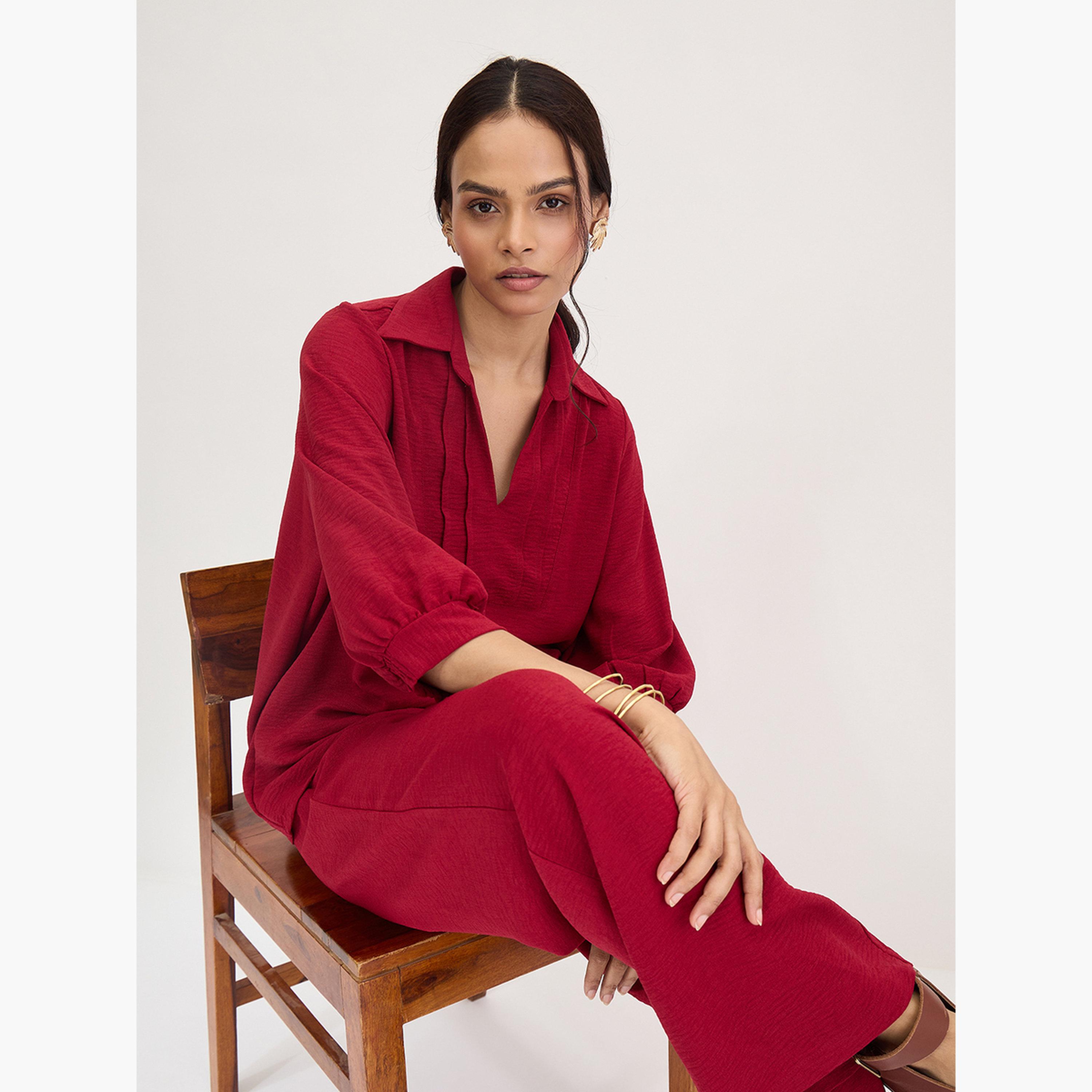 فيميلا - قميص وبنطال لون عنابي مع تفاصيل كشكشة وياقة-women-clothing-coordsets-image-4